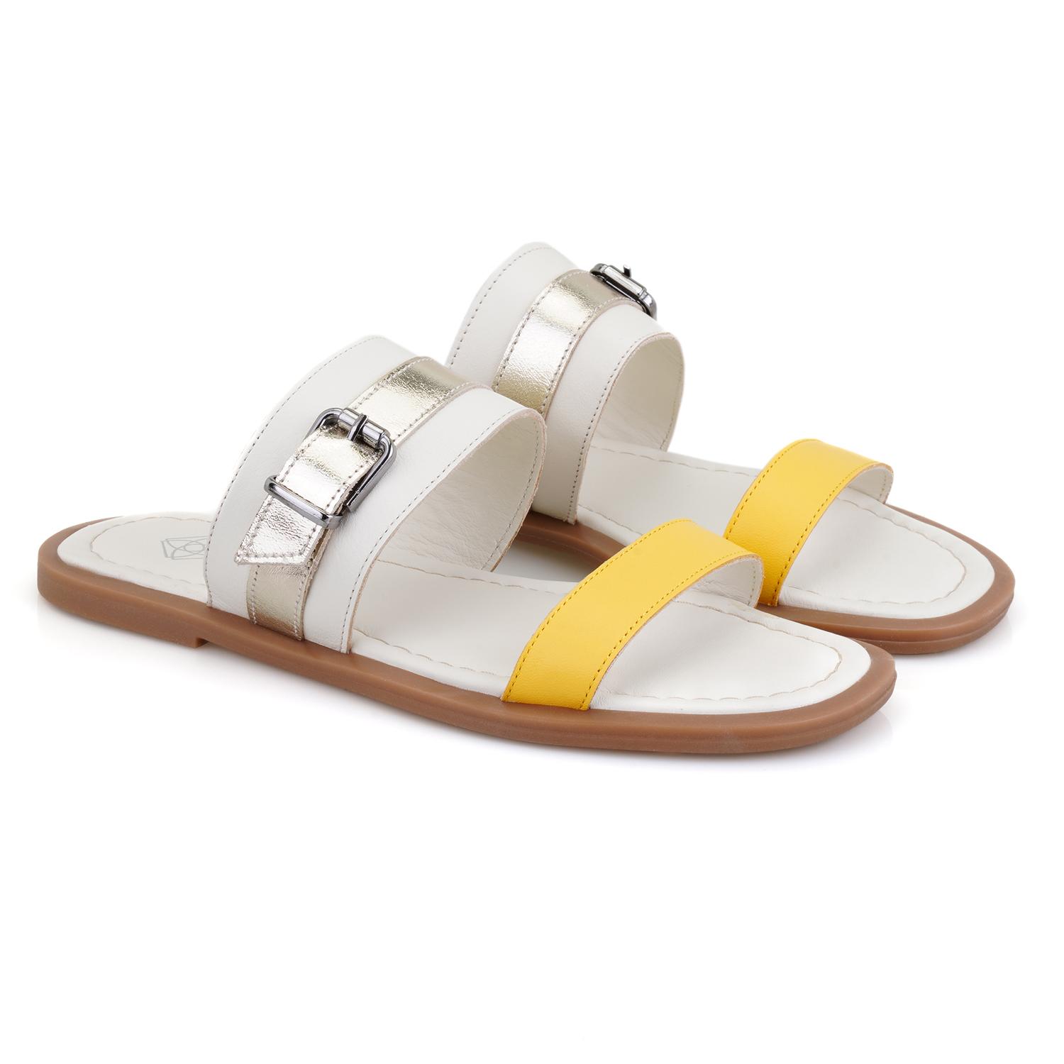 Kadın Beyaz Ayarlanabilir Tokalı Deri Terlik