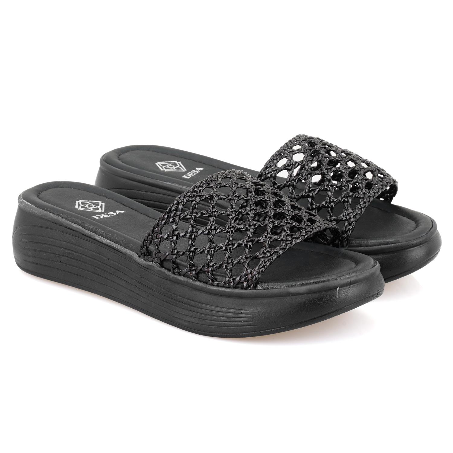 Kadın Siyah File Örgülü Terlik