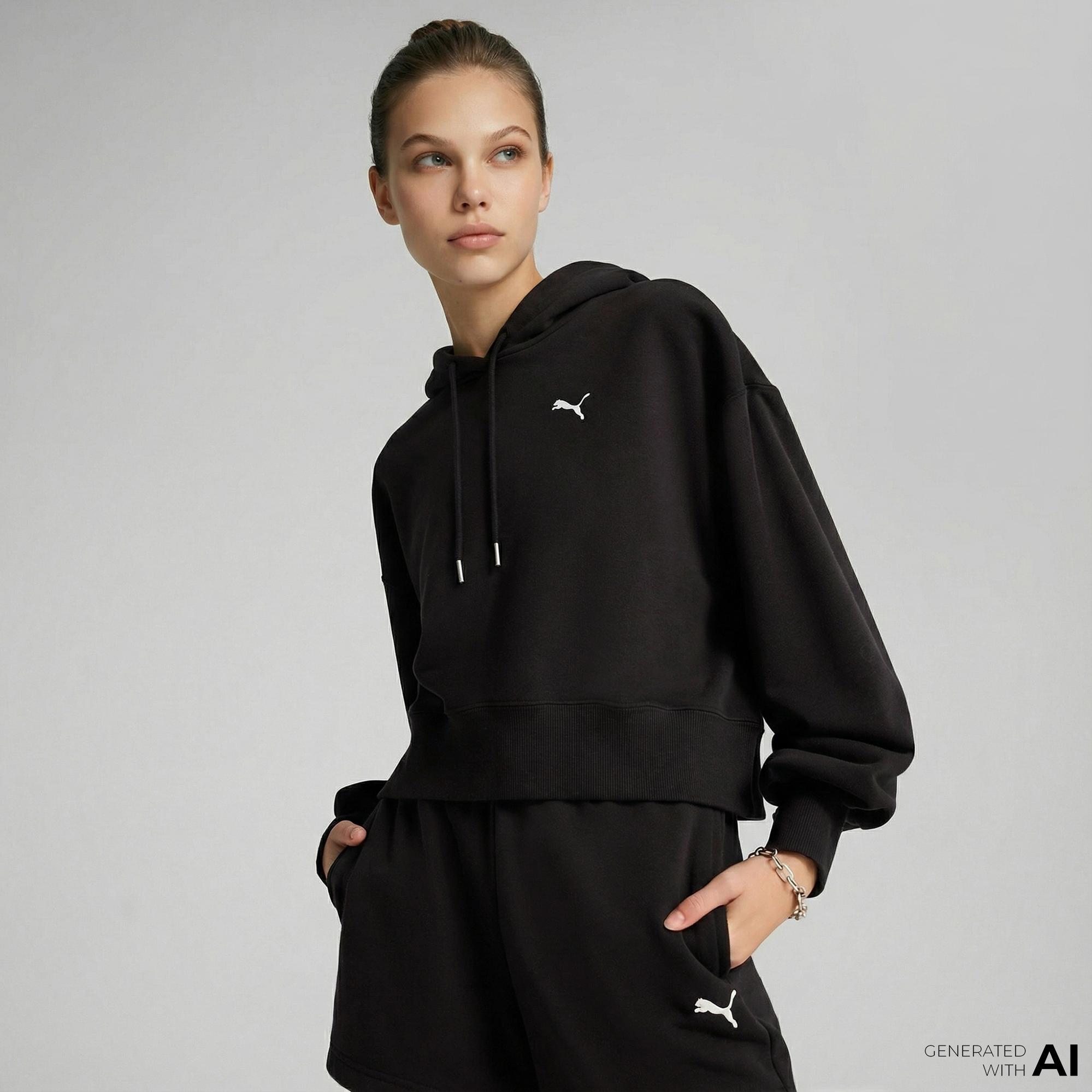 Puma Wardrobe Essential Relaxed Cropped Kadın Siyah Sweatshirt