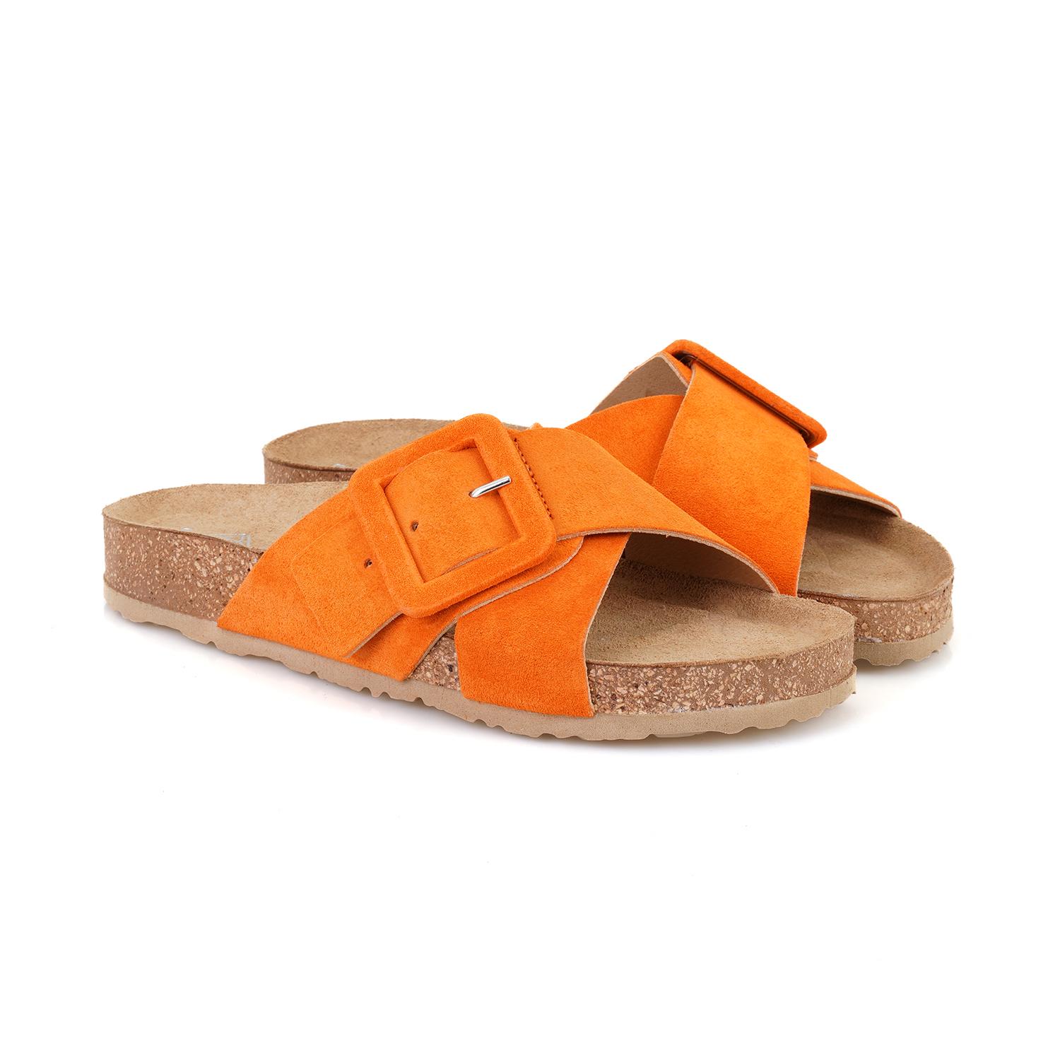 Kadın Turuncu Ayarlanabilir Tokalı Süet Deri Terlik