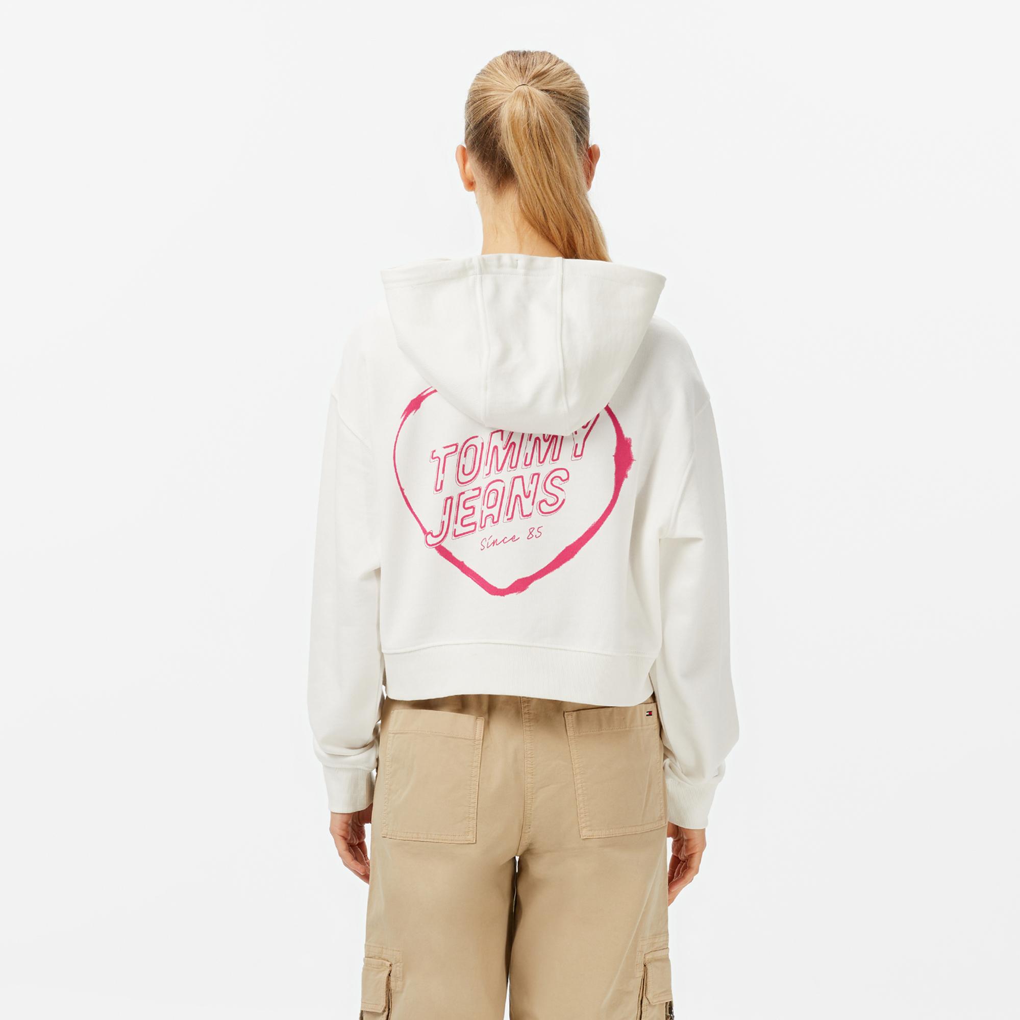 Tommy Jeans Relax Crop Heart Kadın Beyaz Hoodie