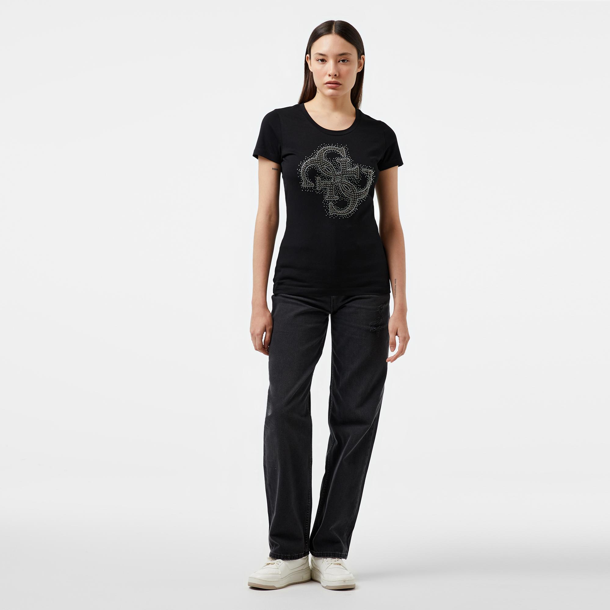 Guess Rn 4Logo Mid Organic Stretch Jersey 180 Kadın Siyah T-Shirt