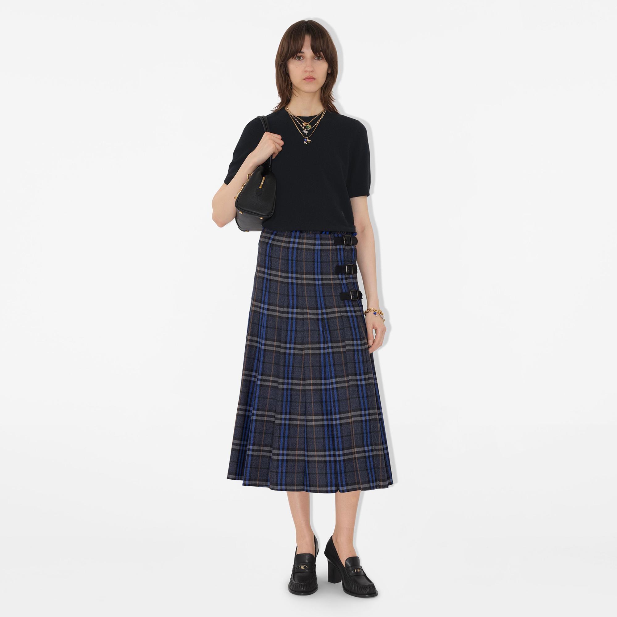 Burberry Check Wool Midi Kilt Kadın Gri Etek