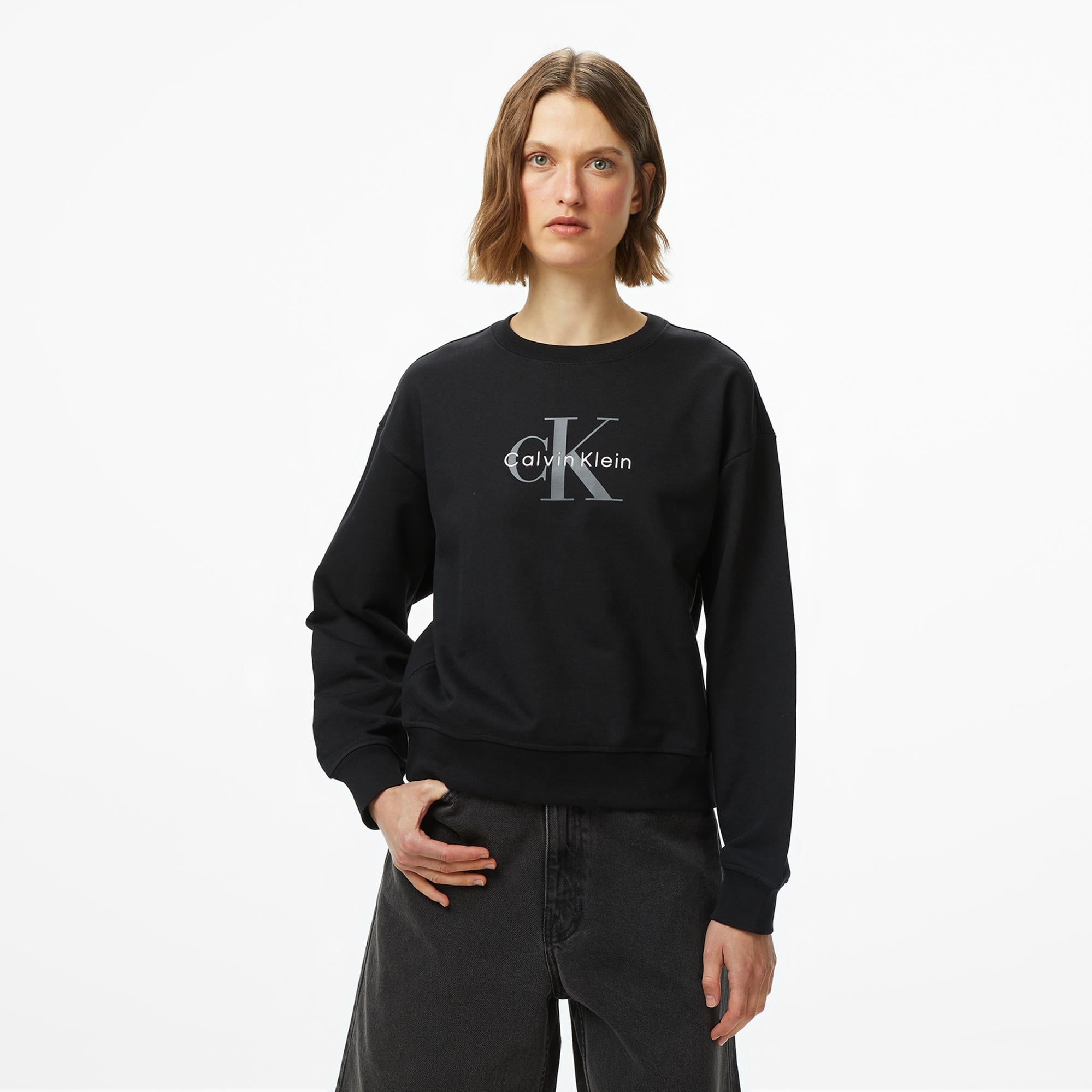 Calvin Klein Monologo French Terry Kadın Siyah Sweatshirt