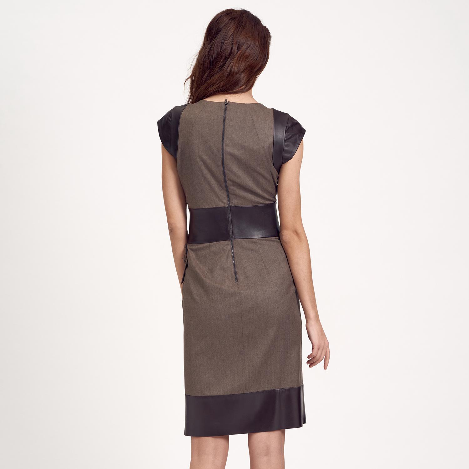 Kahve Deri Kombinli Kadın Elbise