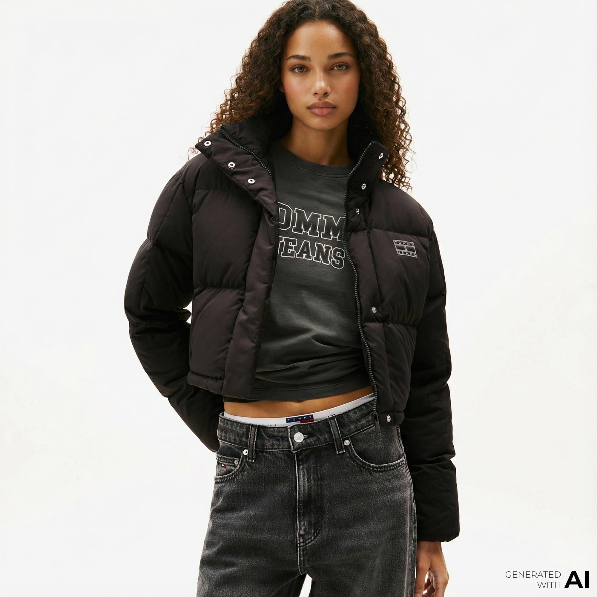 Tommy Jeans Alaska Crop Kadın Puffer Siyah Mont
