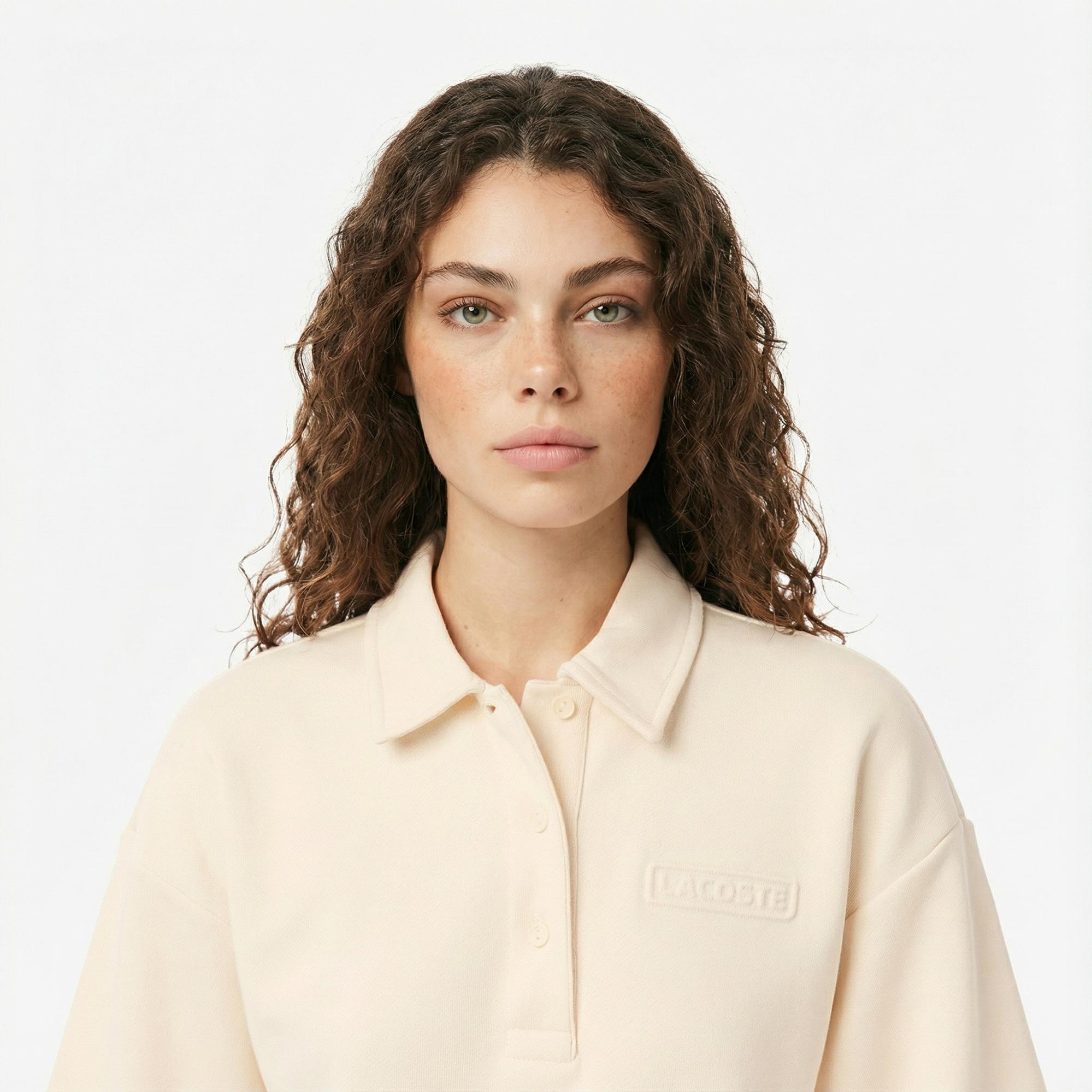 Lacoste Kadın Relaxed Fit Polo Yaka Krem Sweatshirt