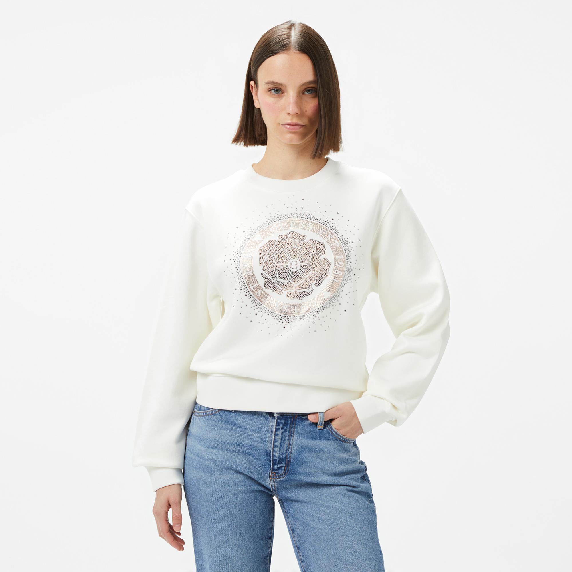 Guess Peony Logo Organic Kadın Beyaz Sweatshirt