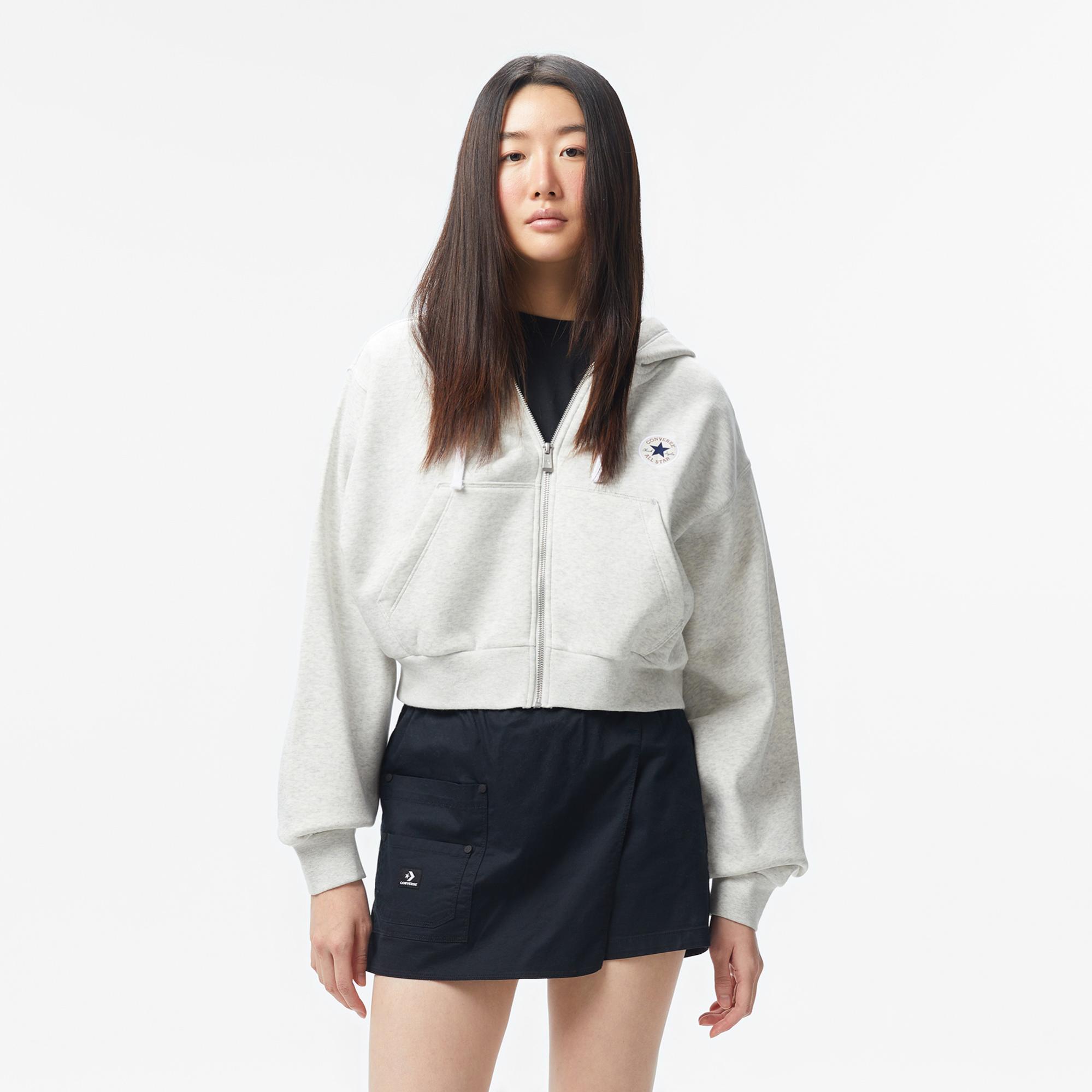 Converse Kadın Baskılı Gri Fermuarlı Hoodie