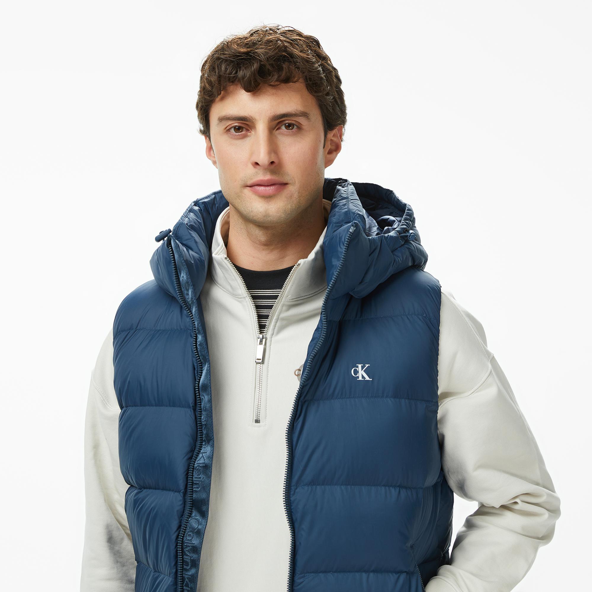 Calvin Klein Nylon Zip Off Hood Down Puf Erkek Mavi Yelek