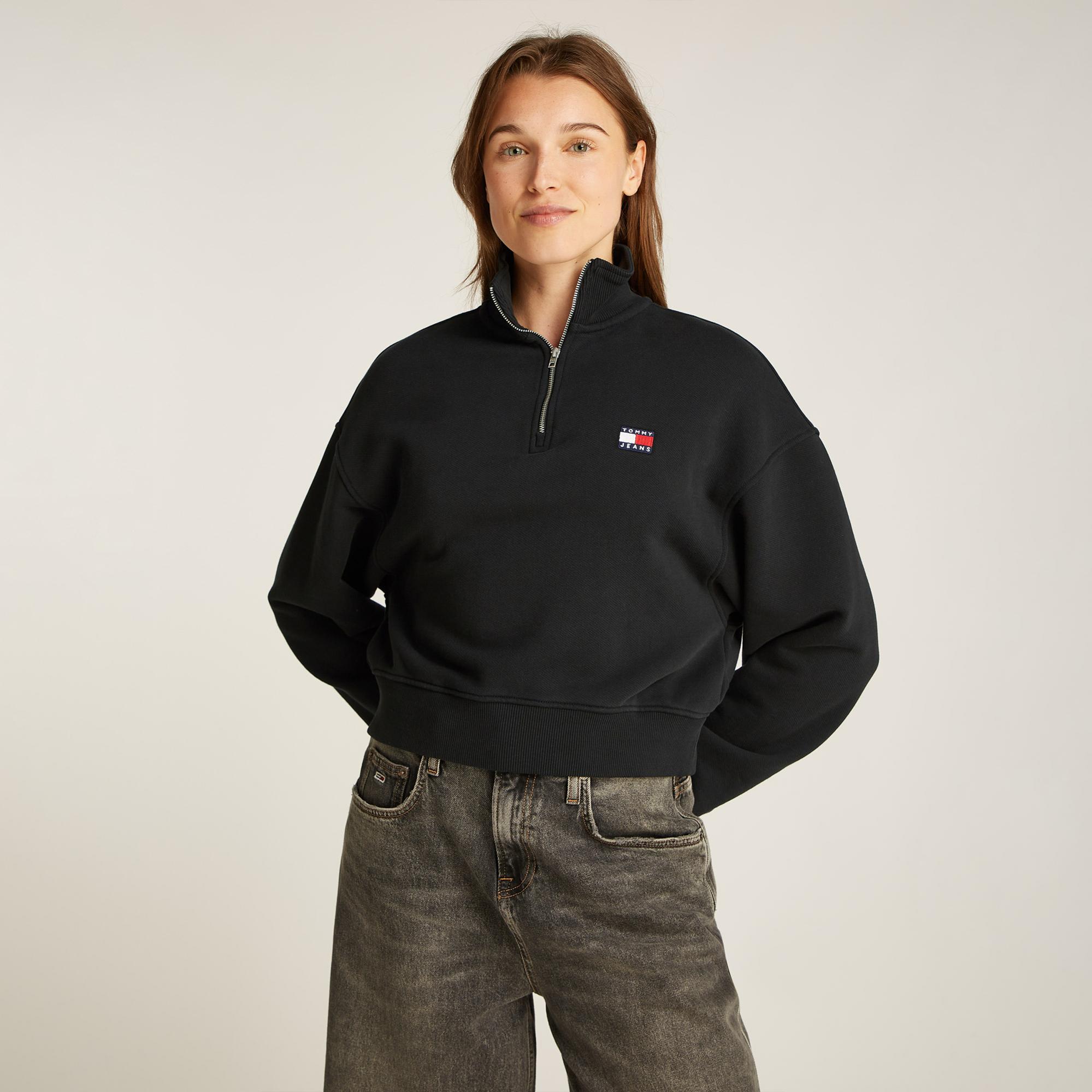 Tommy Jeans Badge 1/4 Zip Kadın Siyah Sweatshirt