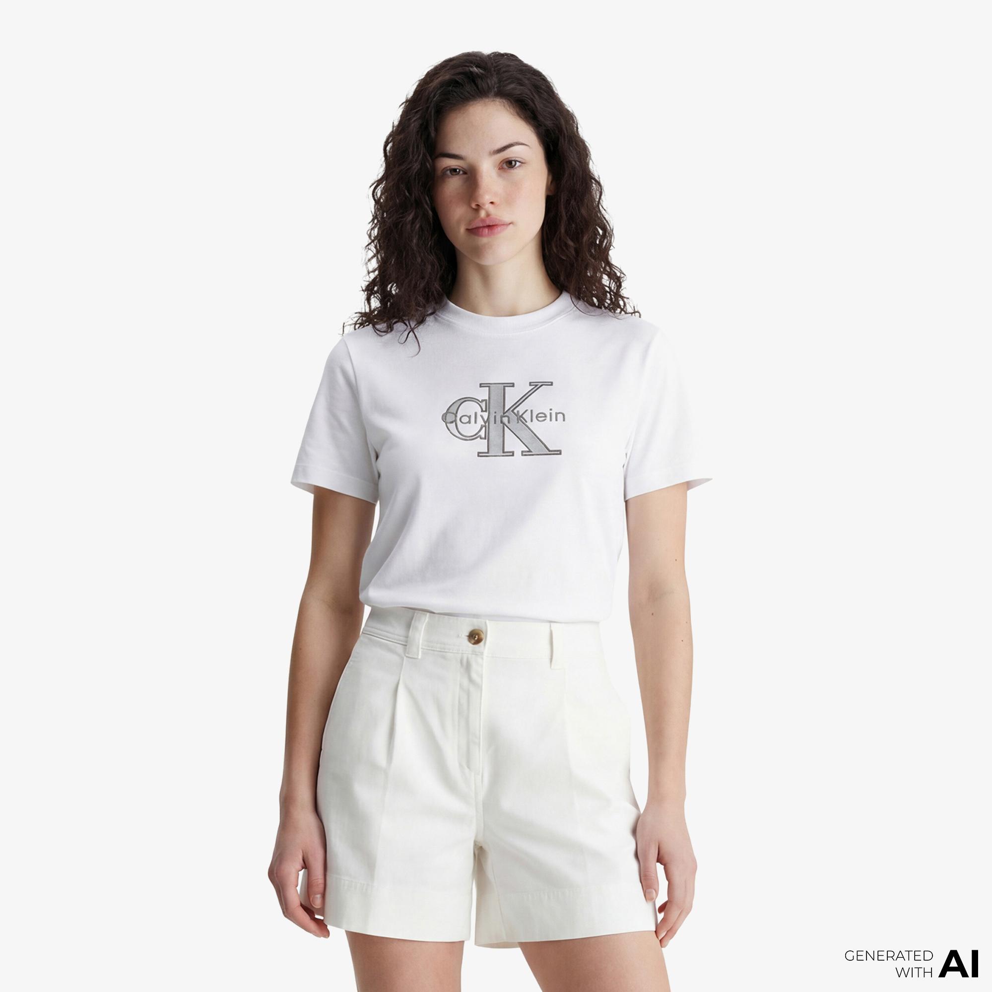 Calvin Klein Classic Monologo Metallic Kadın Beyaz T-Shirt