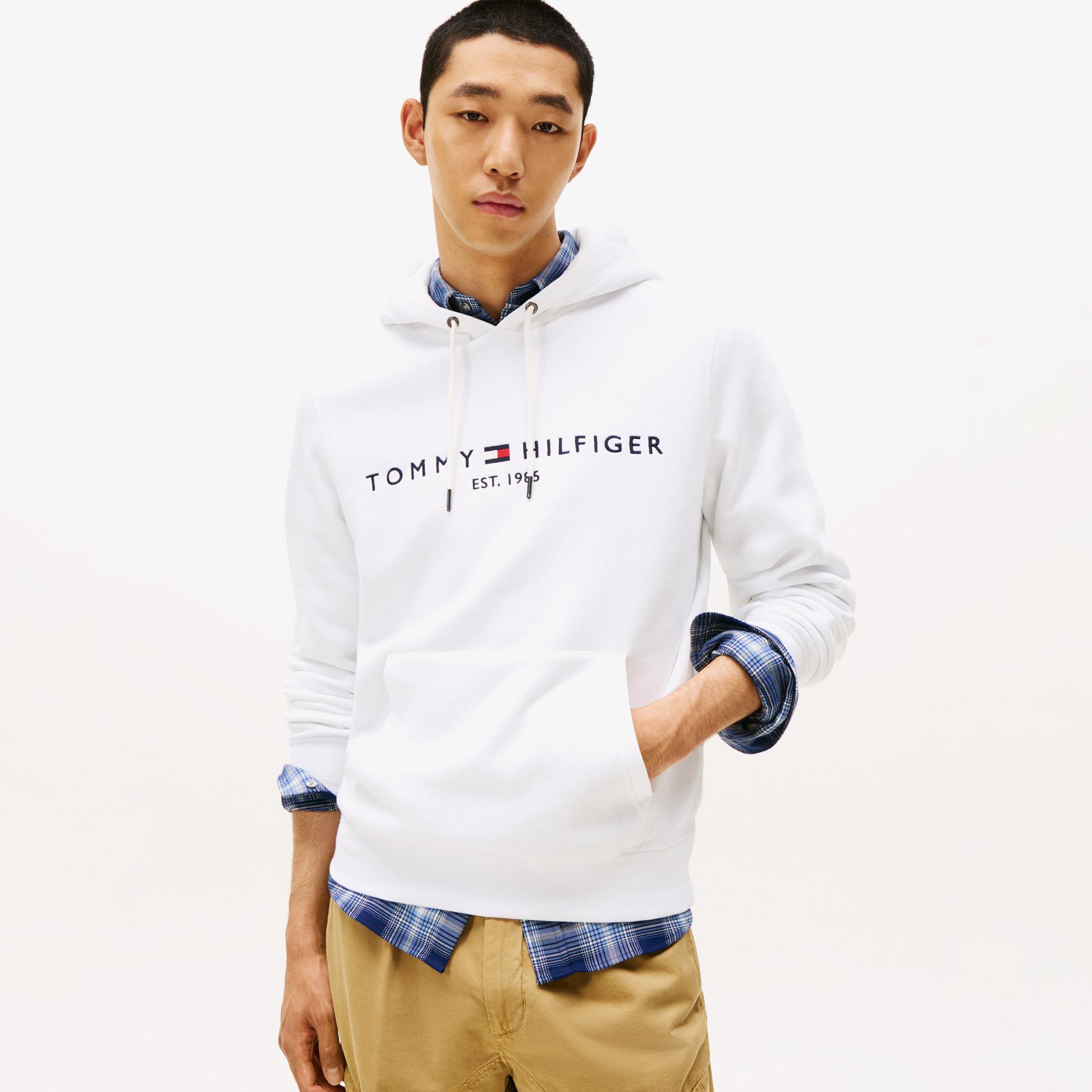 Tommy Hilfiger Logo Erkek Beyaz Hoodie