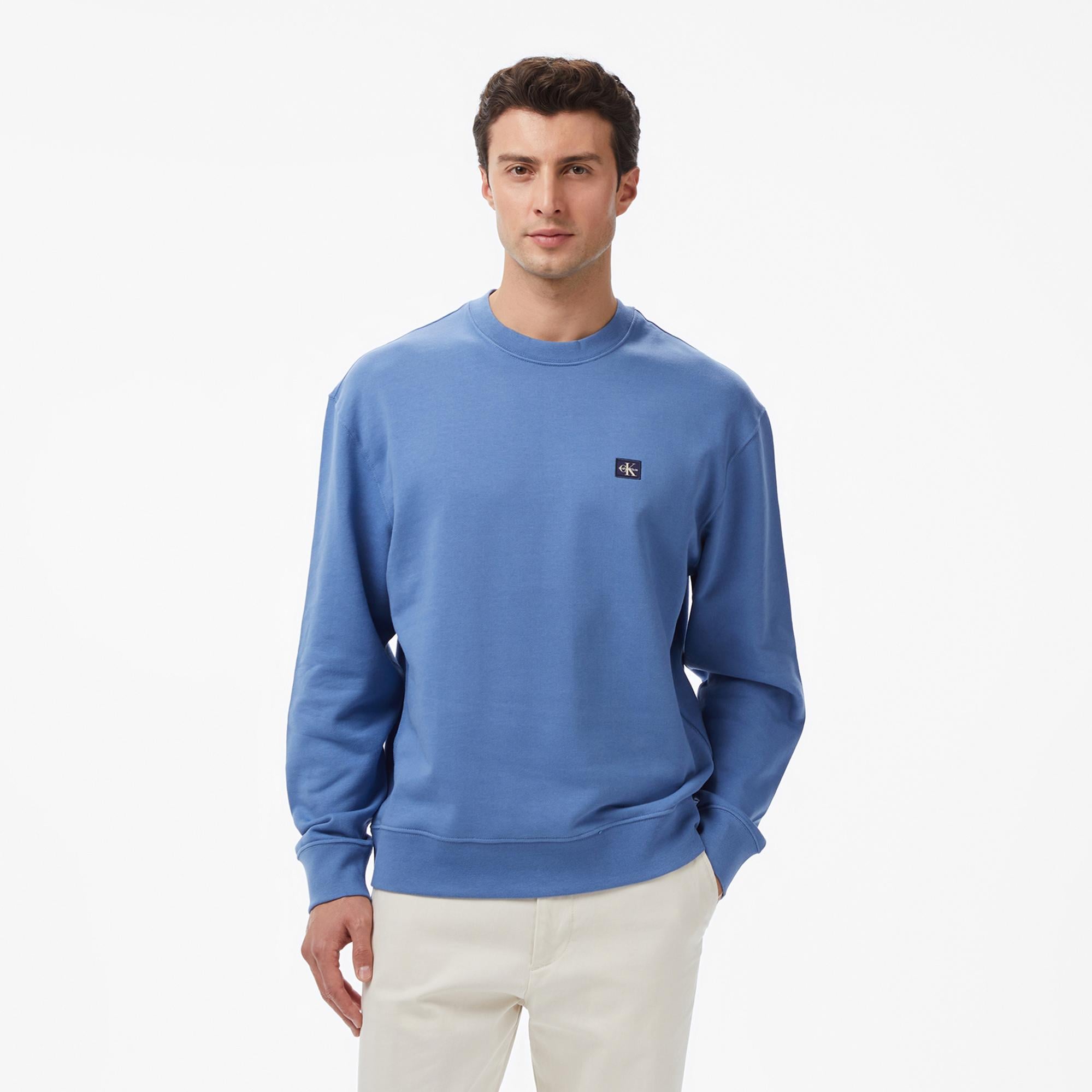 Calvin Klein Terry Badge Erkek Mavi Sweatshirt
