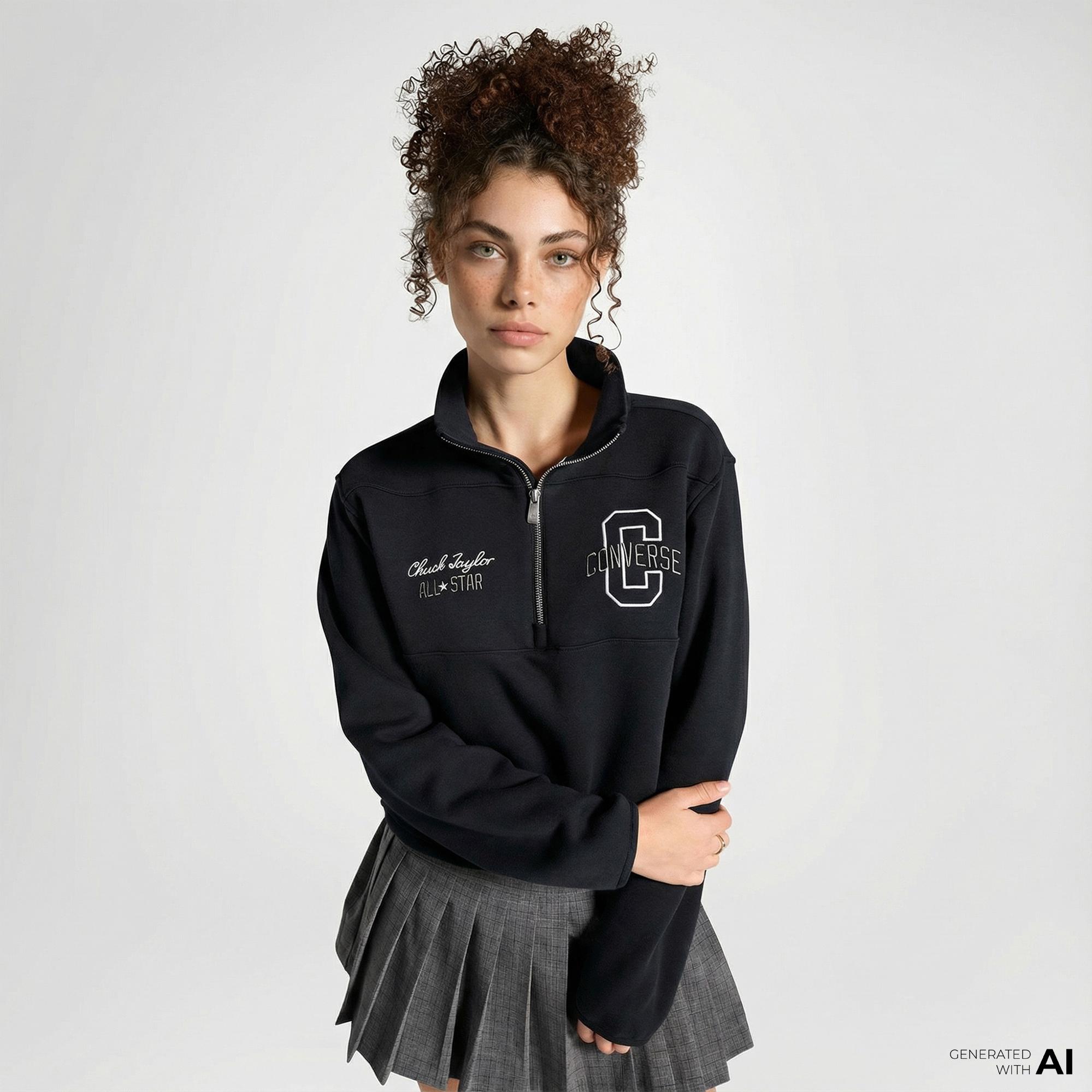 Converse Classic Kadın Yarım Fermuarlı Siyah Sweatshirt