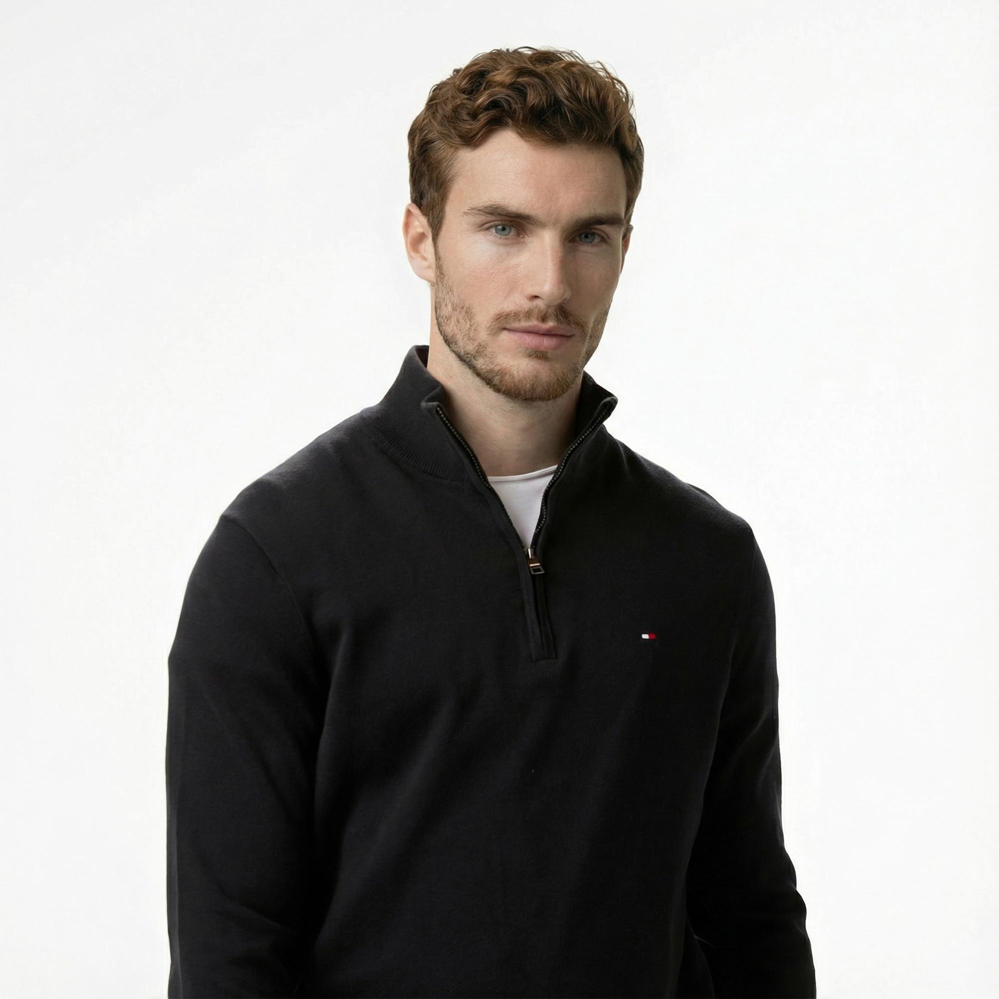 Tommy Hilfiger Essential Cotton Mock Erkek Yarım Fermuarlı Triko Siyah Kazak