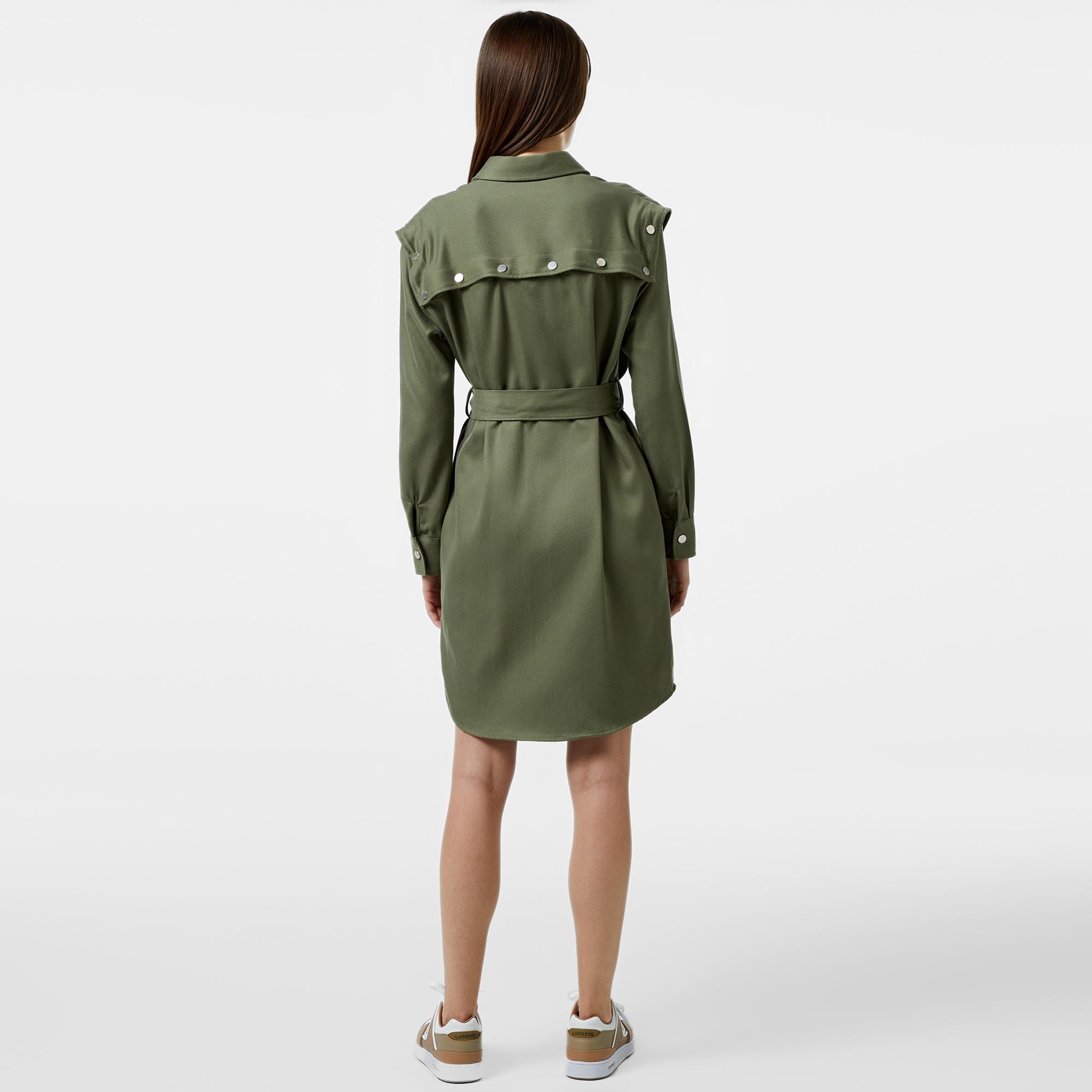 Kadın Relaxed Fit Uzun Kollu Gömlek Yaka Haki Elbise