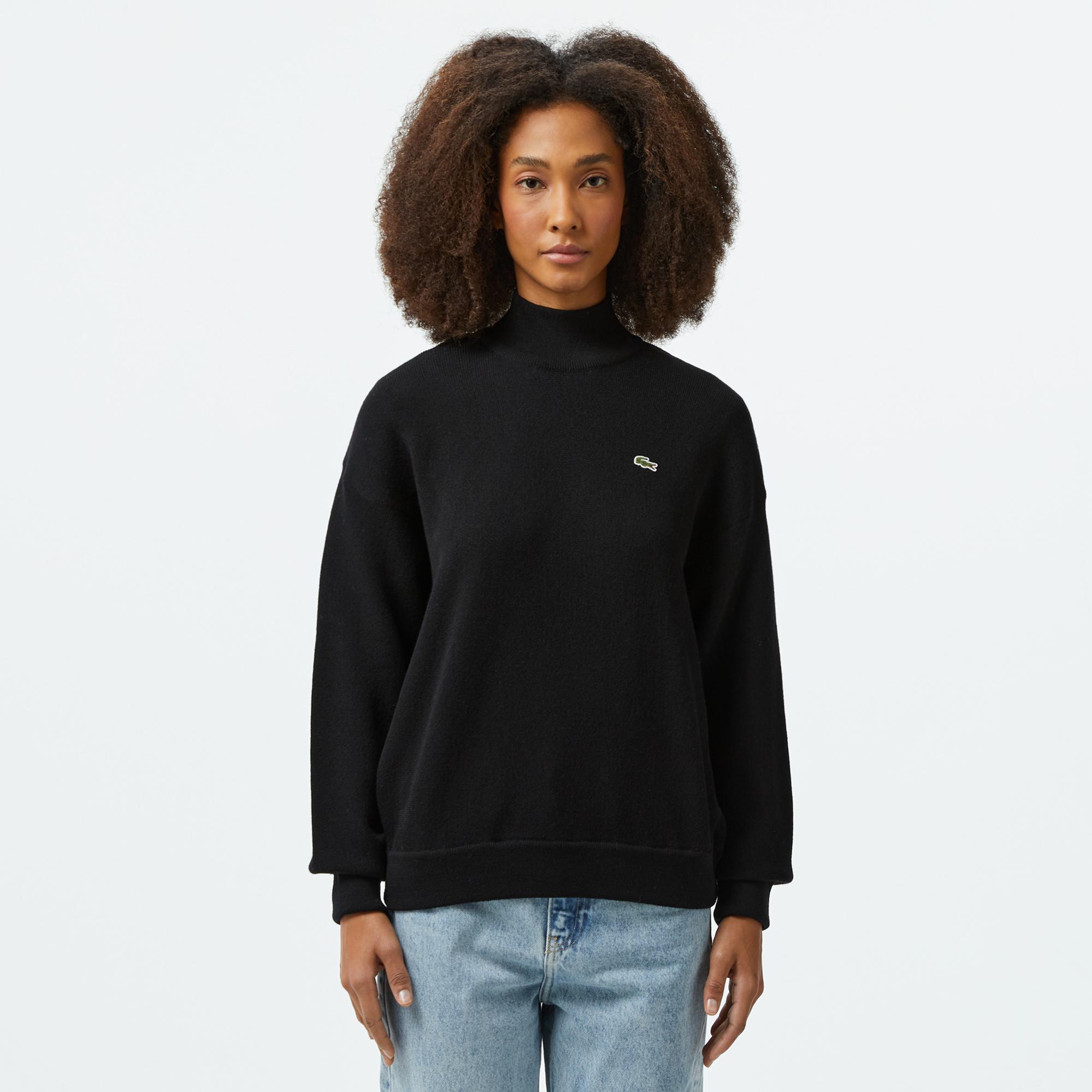 Lacoste Kadın Relaxed Fit Polo Yaka Yün Siyah Kazak