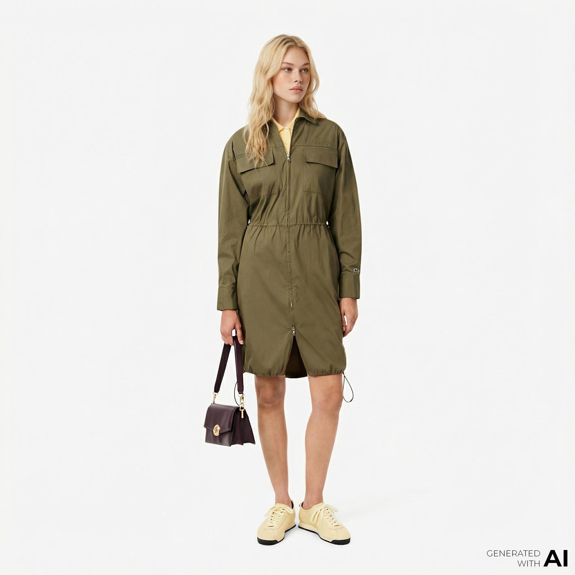 Lacoste Kadın Oversize Fit Uzun Kollu Fermuarlı Haki Elbise