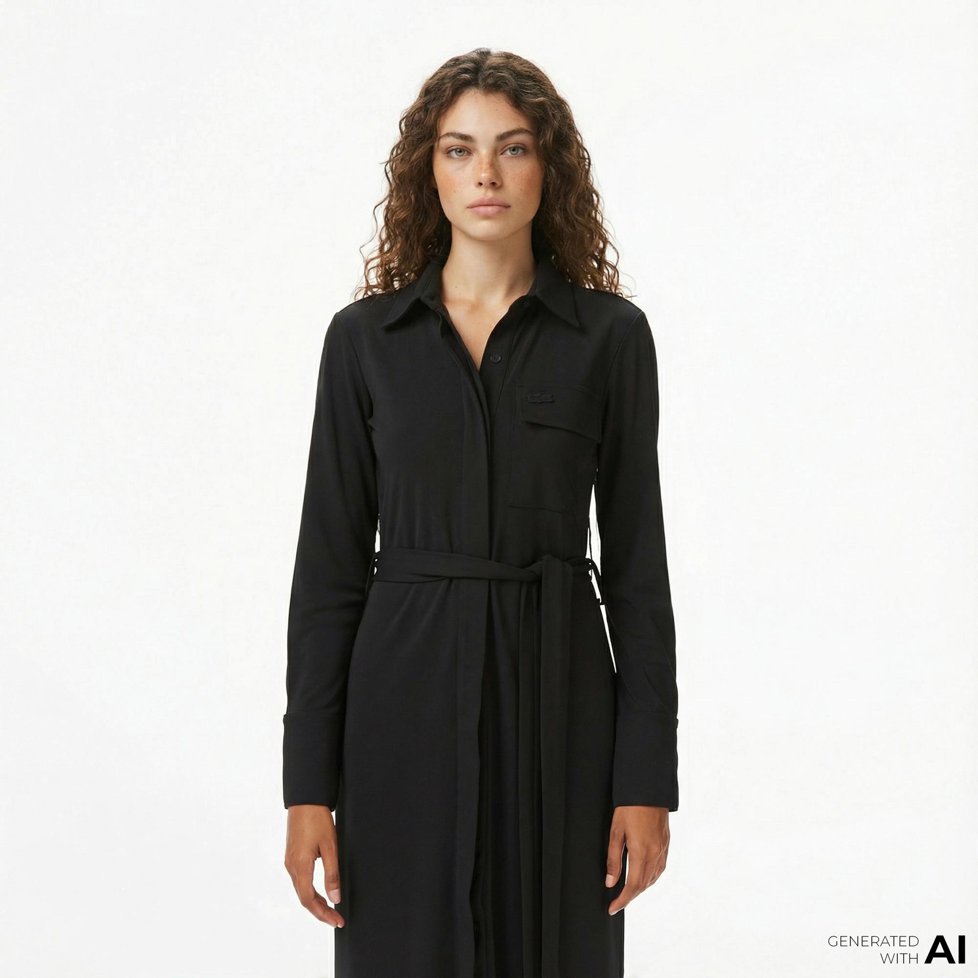 Lacoste Kadın Slim Fit Uzun Kollu Siyah Elbise