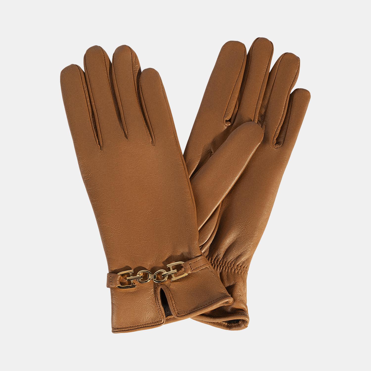 Kadın Taba Zincir Aksesuarlı Deri Eldiven