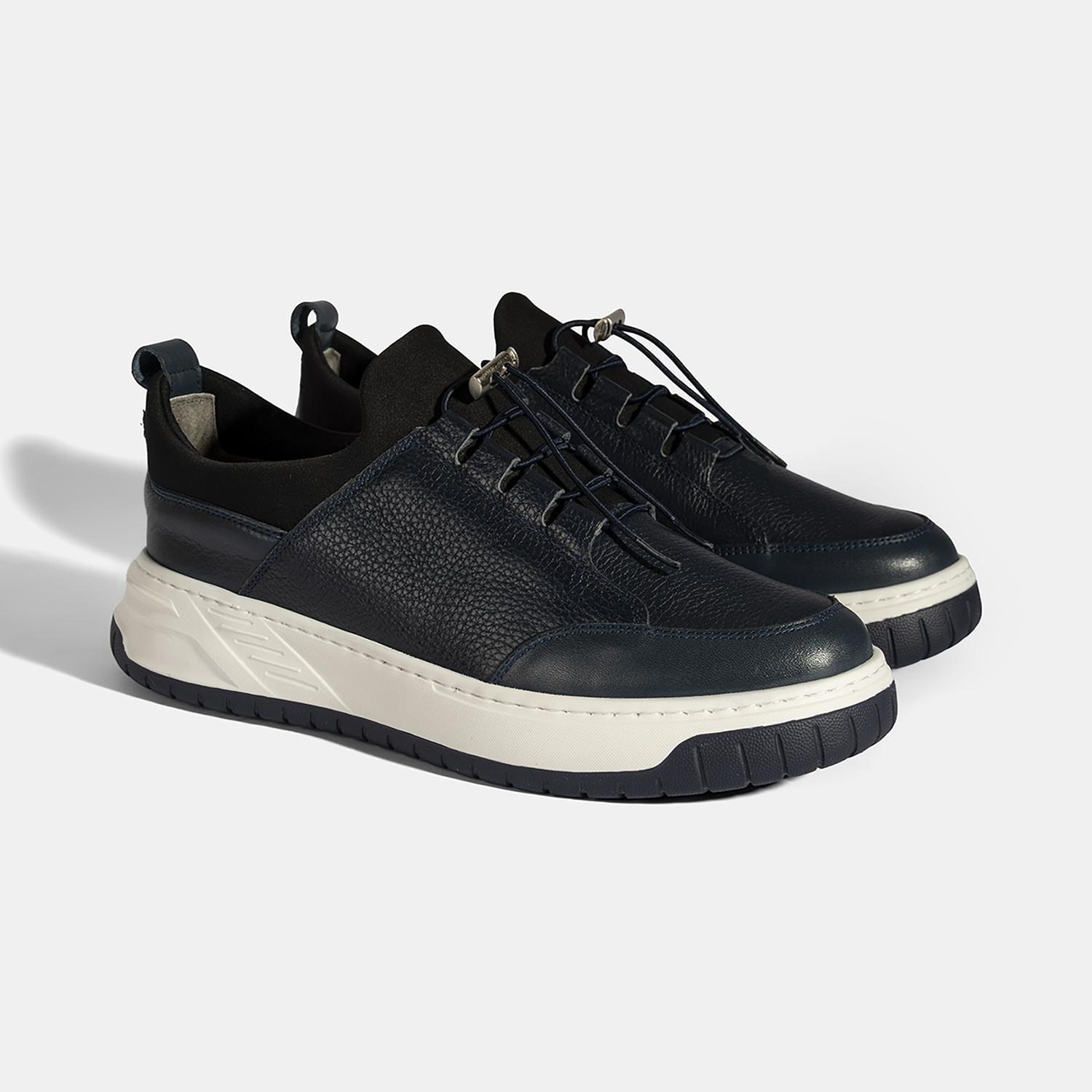 Erkek Lacivert Lastik Bağcıklı Deri Sneaker