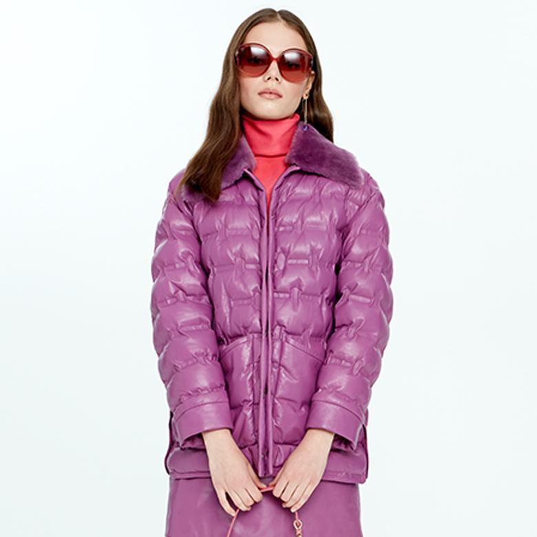 Avari Mor Kadın Puffer Deri Mont