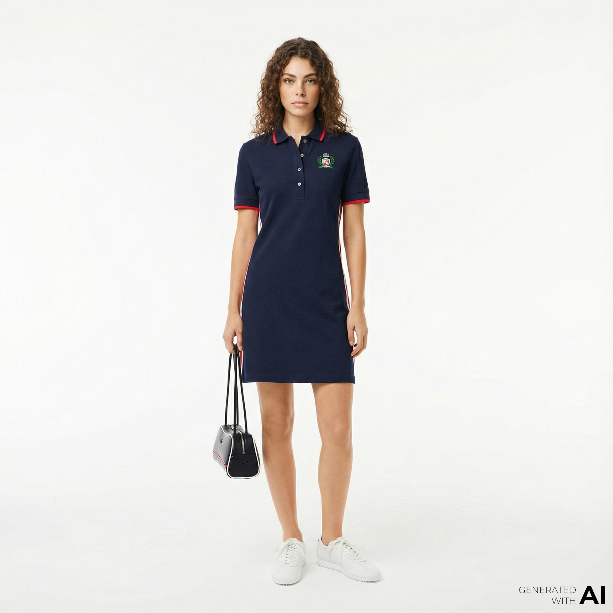 Lacoste Kadın Slim Fit Kısa Kollu Polo Yaka Renk Bloklu Lacivert Elbise