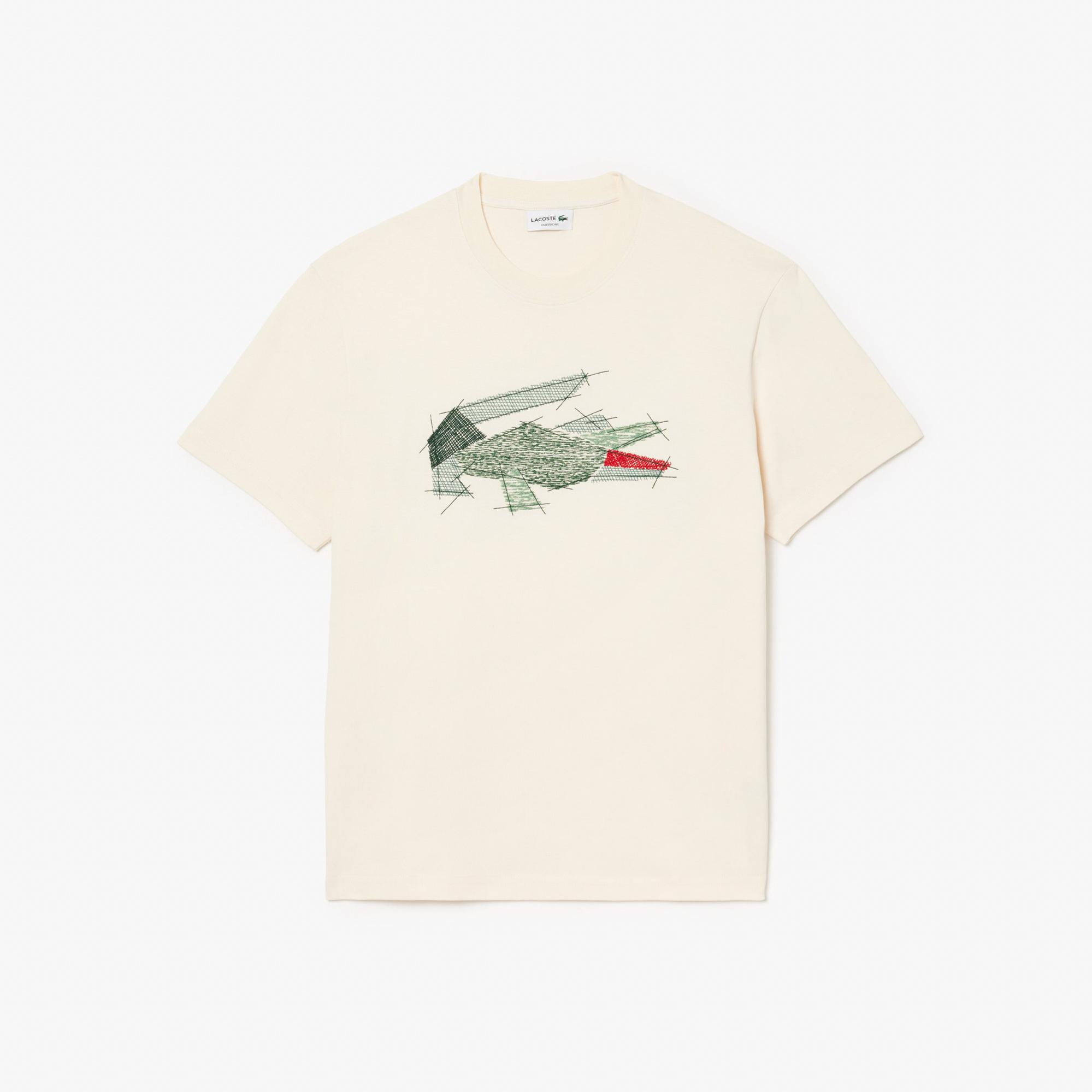 Lacoste Erkek Classic Fit Bisiklet Yaka Baskılı Krem T-Shirt