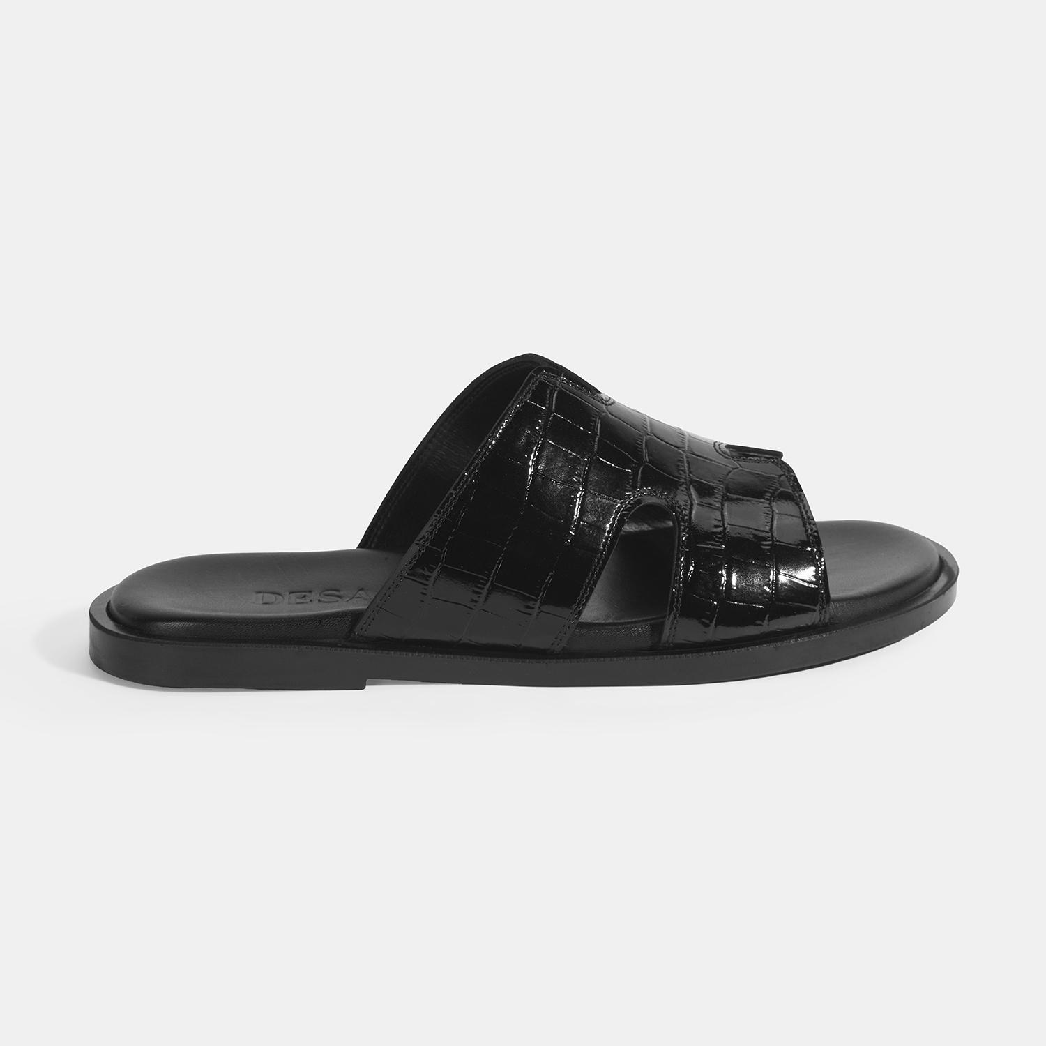 Erkek Siyah Kroko Desenli Deri Terlik