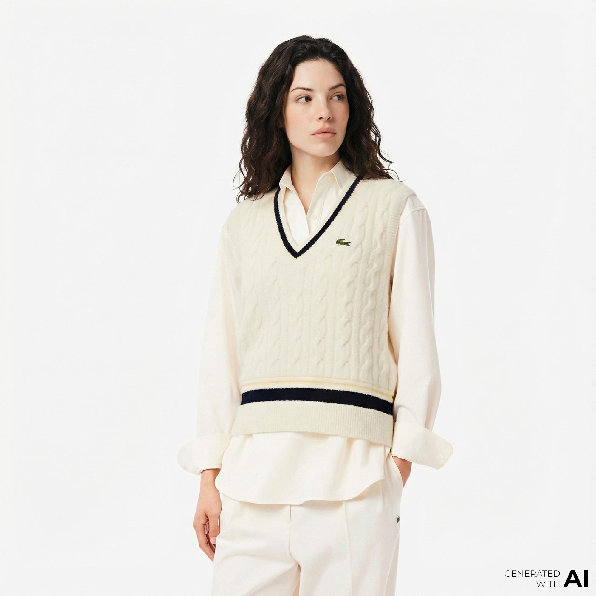 Lacoste Kadın Classic Fit V Yaka Krem Süveter