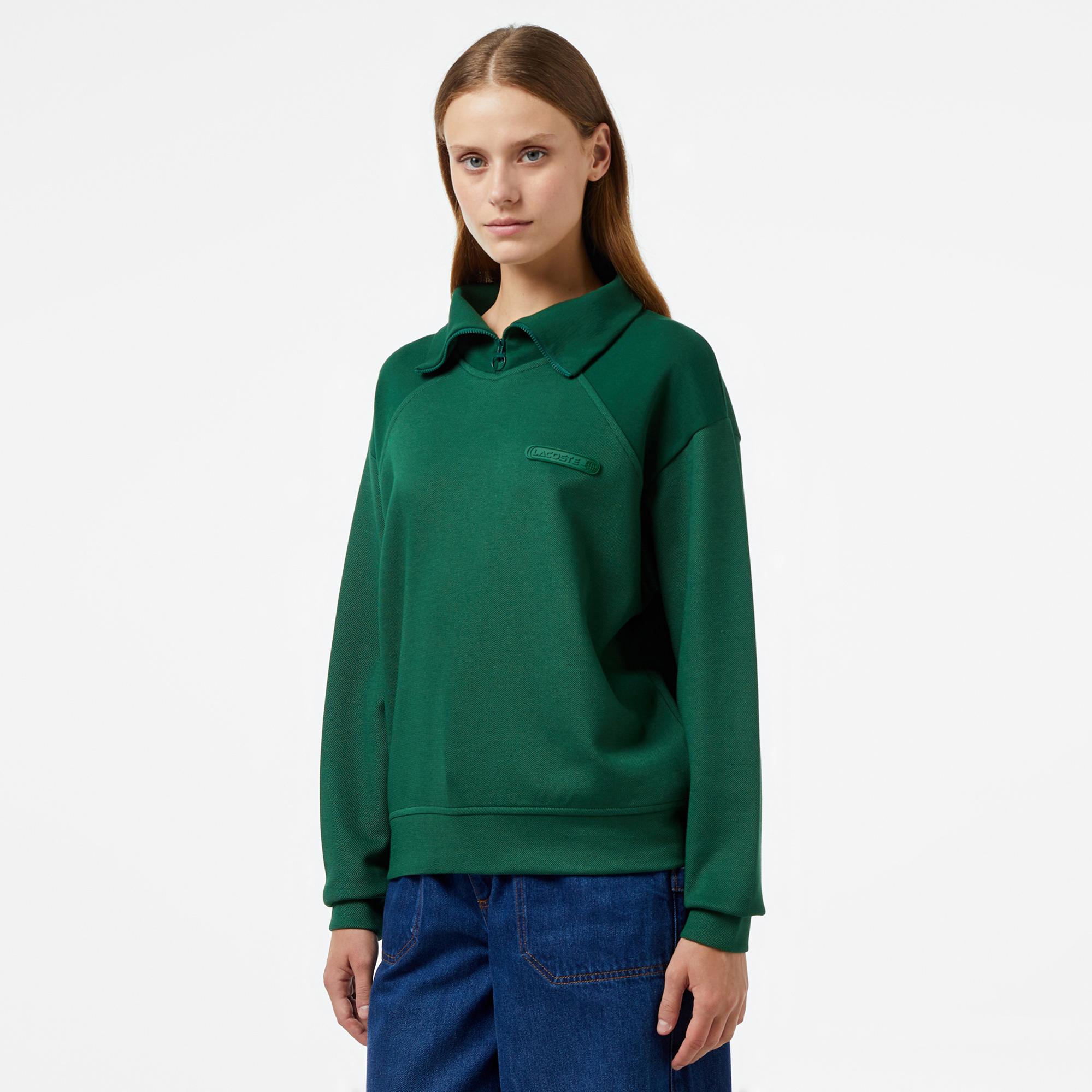 Lacoste Kadın Regular Fit Fermuarlı Dik Yaka Koyu Yeşil Sweatshirt