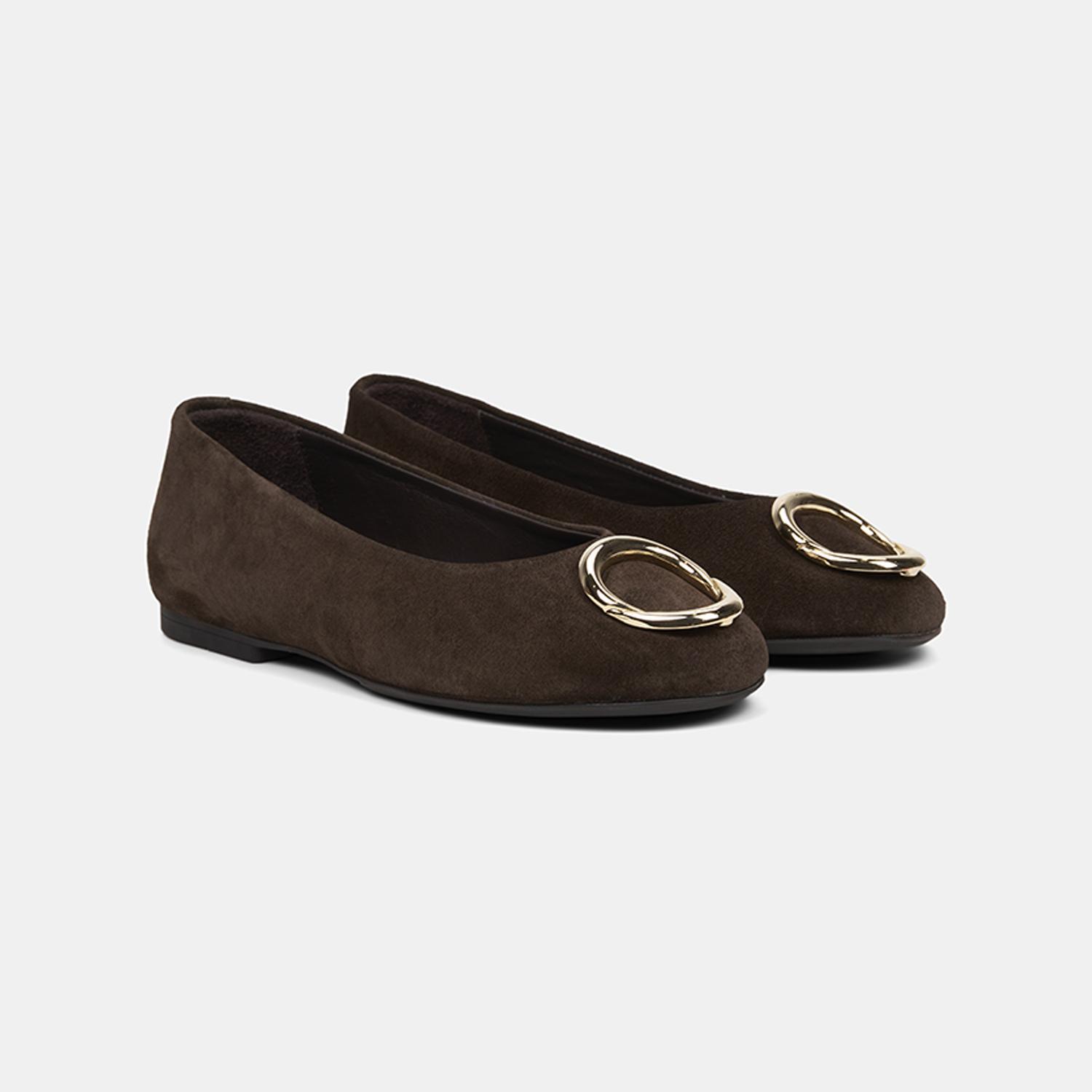 Kadın Kahve Gold Aksesuarlı Süet Deri Babet