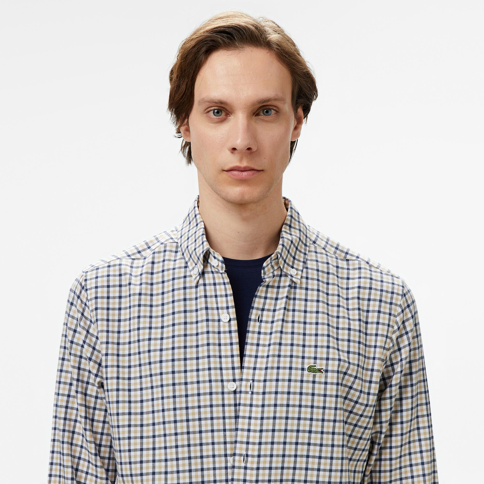 Lacoste Erkek Regular Fit Düğmeli Yaka Kareli Kahverengi Gömlek