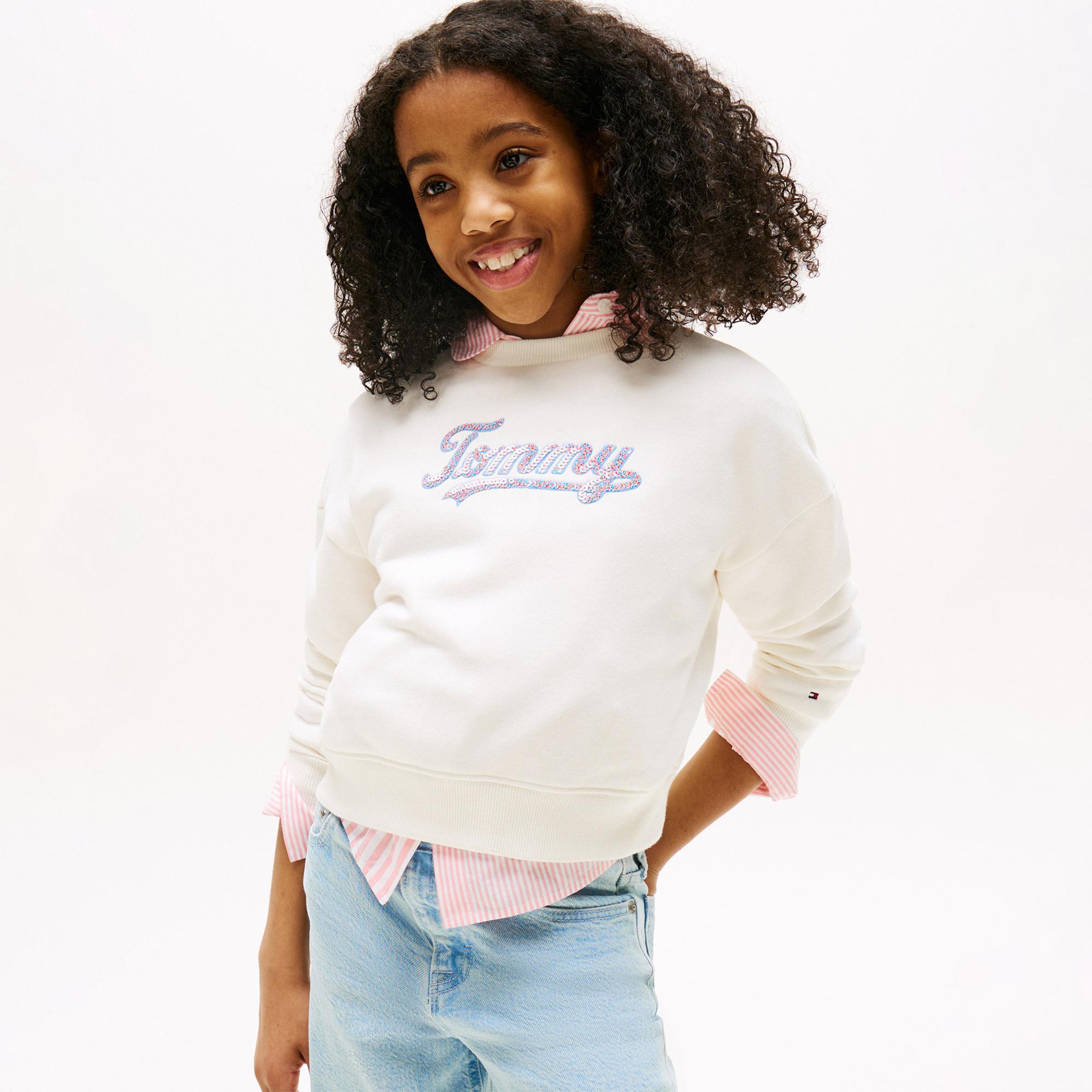 Tommy Hilfiger Script Sequin Çocuk Beyaz Sweatshirt