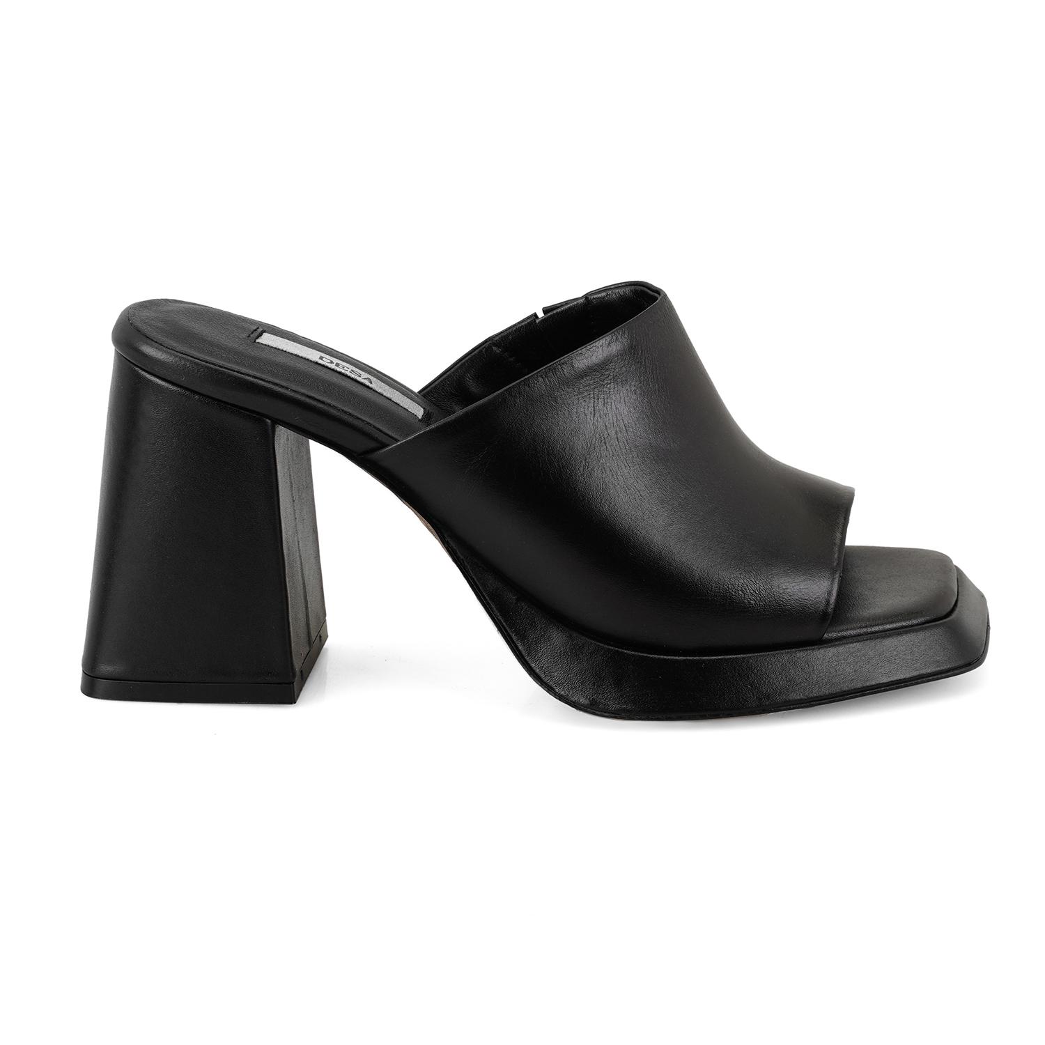 Kadın Siyah Topuklu Napa Deri Terlik