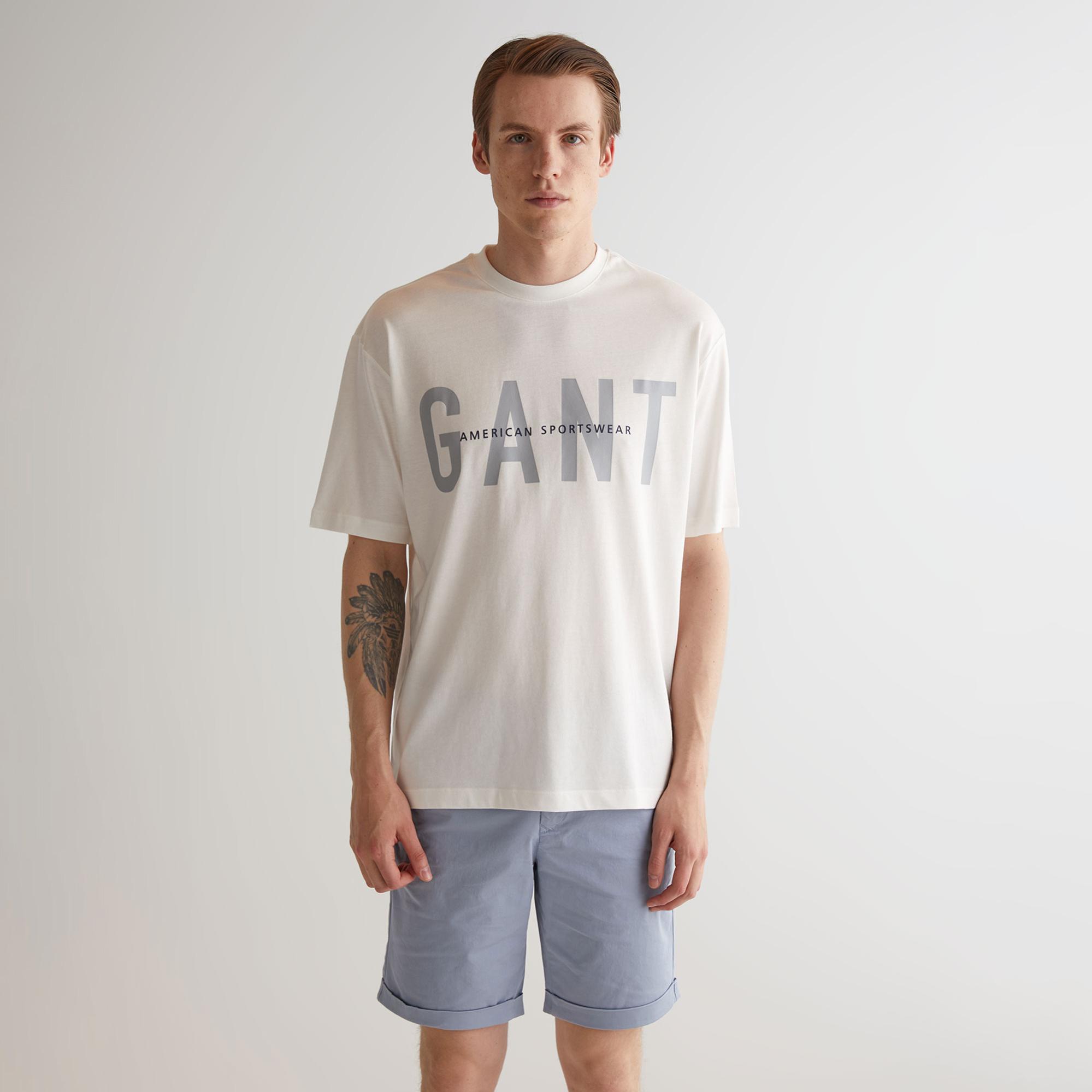 GANT Erkek Krem Oversize Fit Bisiklet Yaka Logolu T-shirt