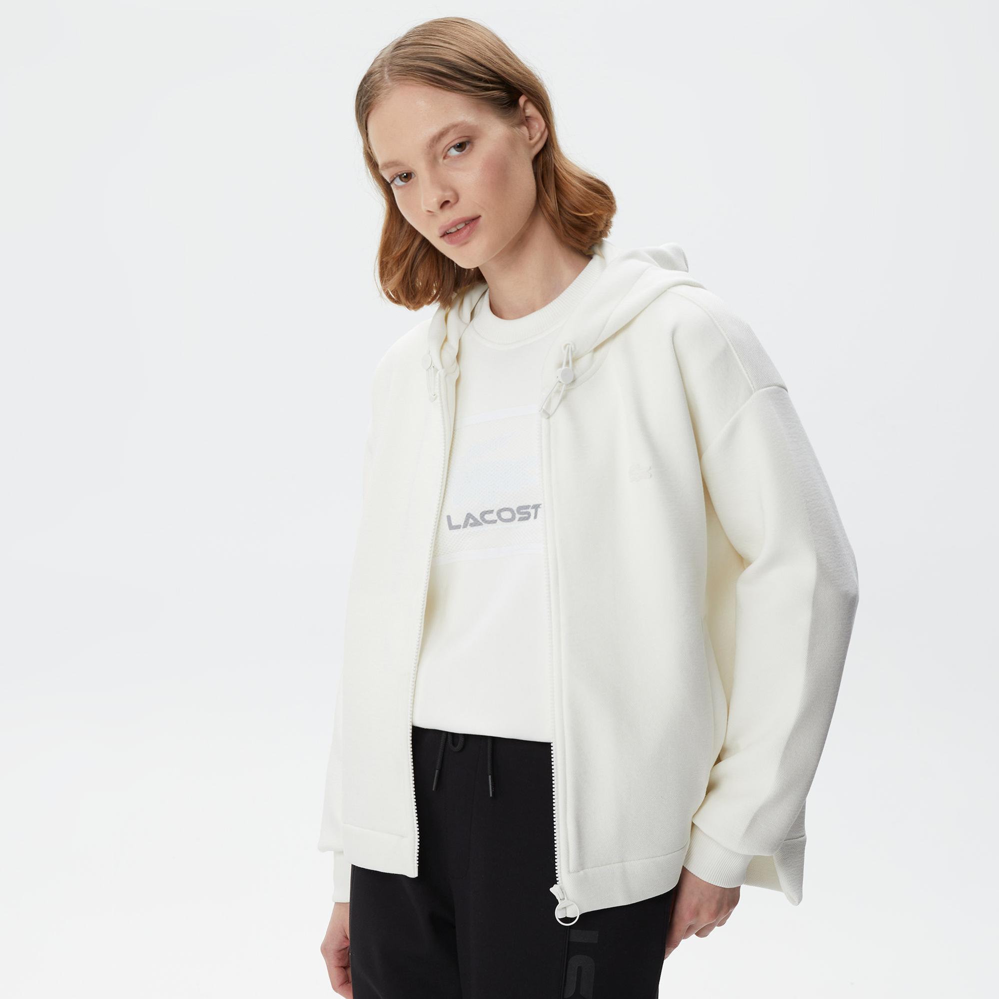 Lacoste Kadın Relaxed Fit Kapüşonlu Beyaz Sweatshirt