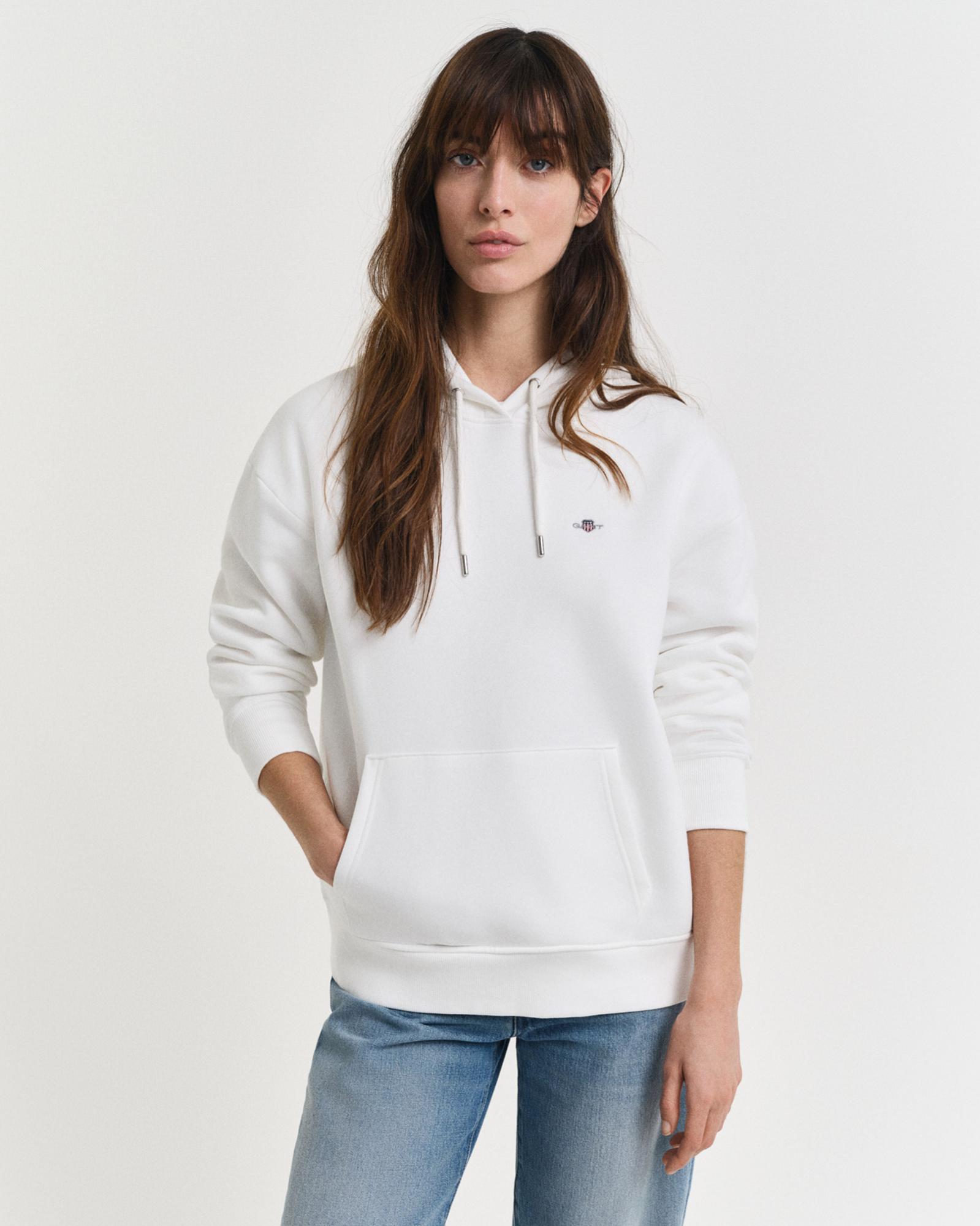 GANT Kadın Beyaz Relaxed Fit Kapüşonlu Sweatshirt