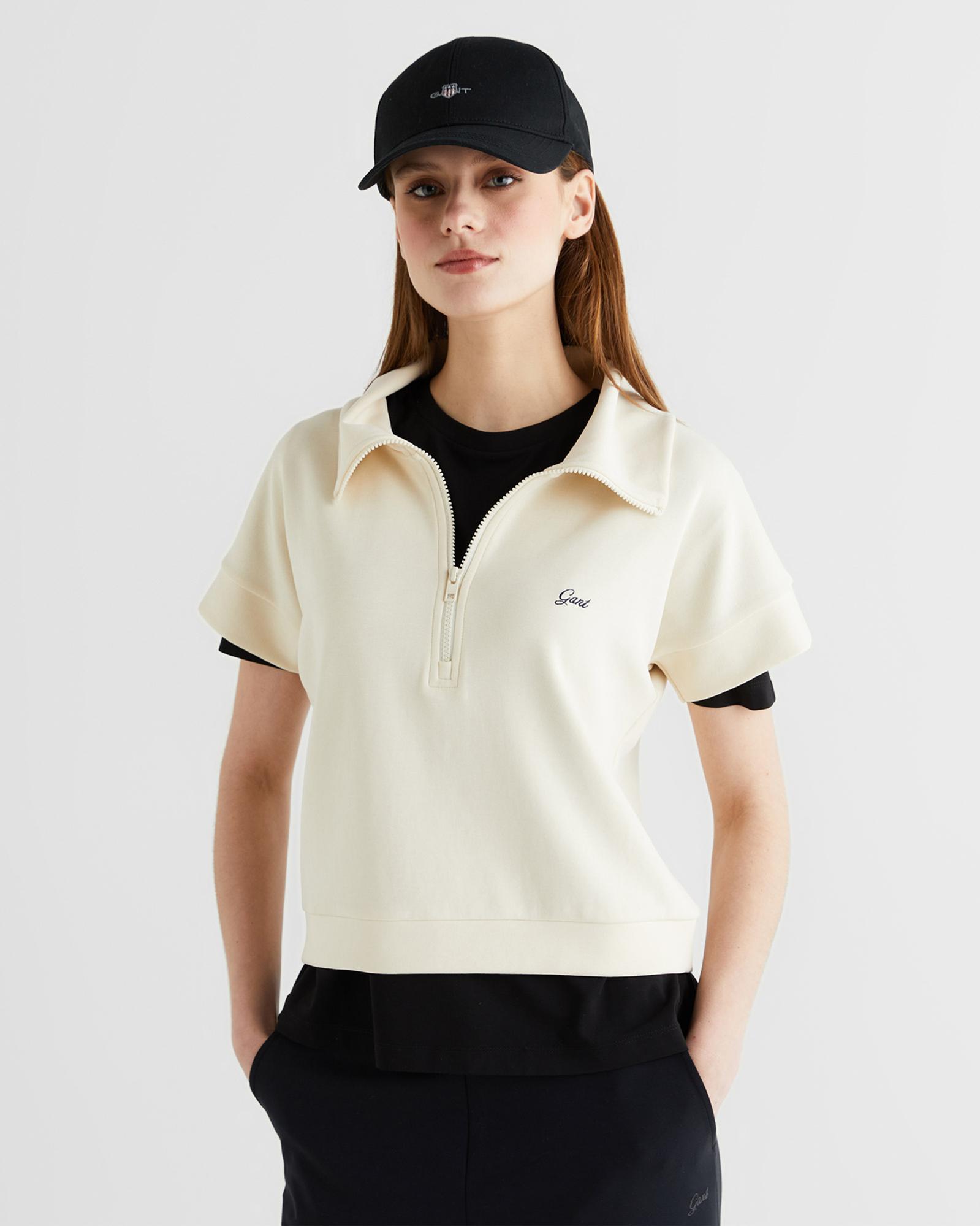 GANT Kadın Krem Relaxed Fit Yarım Fermuarlı Kısa Kollu Sweatshirt