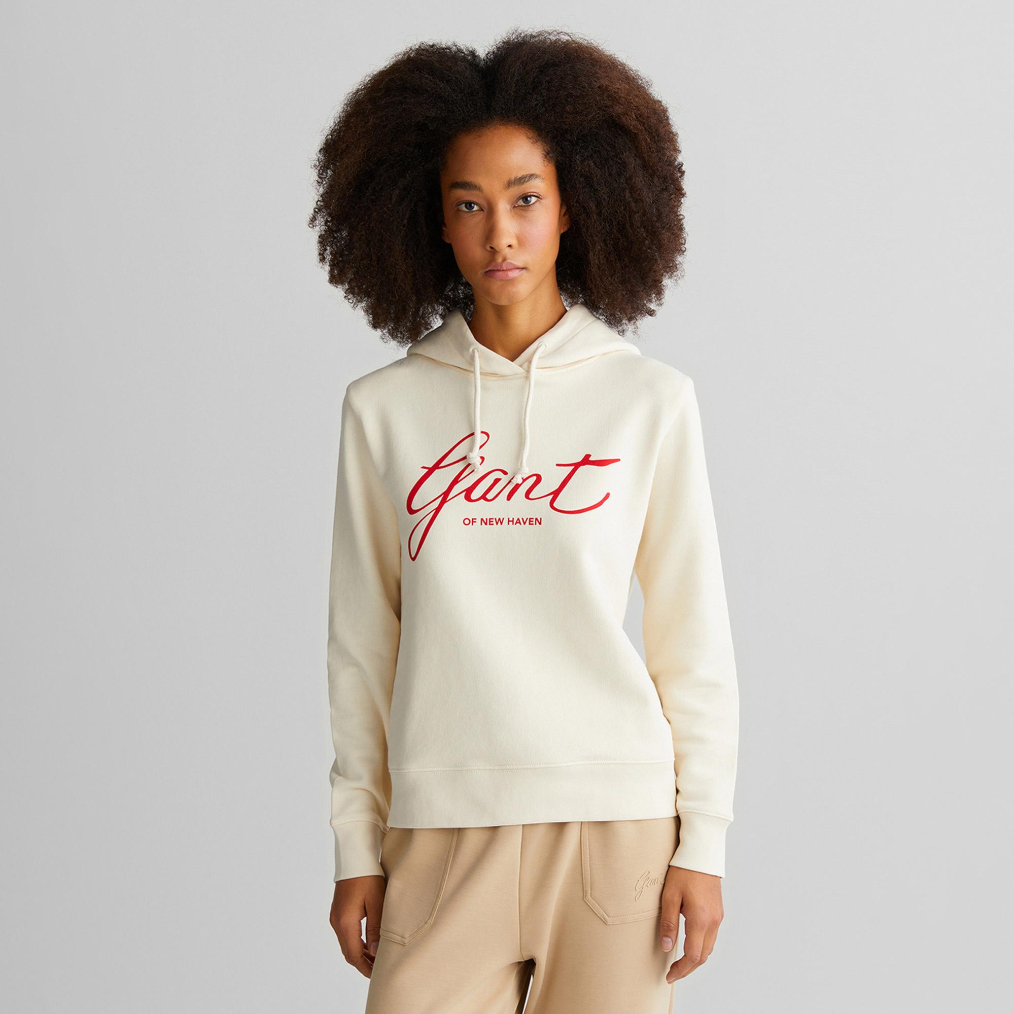 GANT Kadın Krem Relaxed Fit Kapüşonlu Logolu Sweatshirt