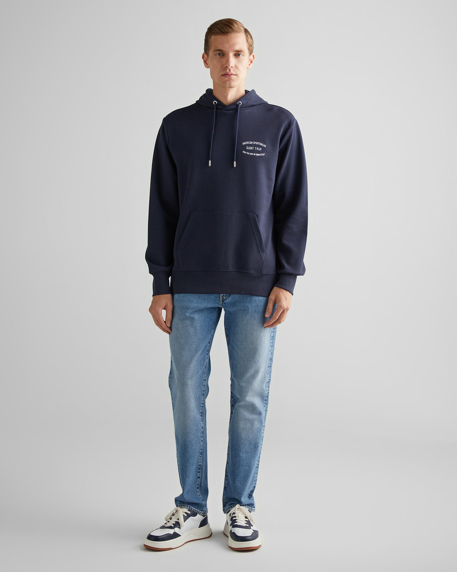 GANT Erkek Lacivert Regular Fit Kapüşonlu Logolu Sweatshirt