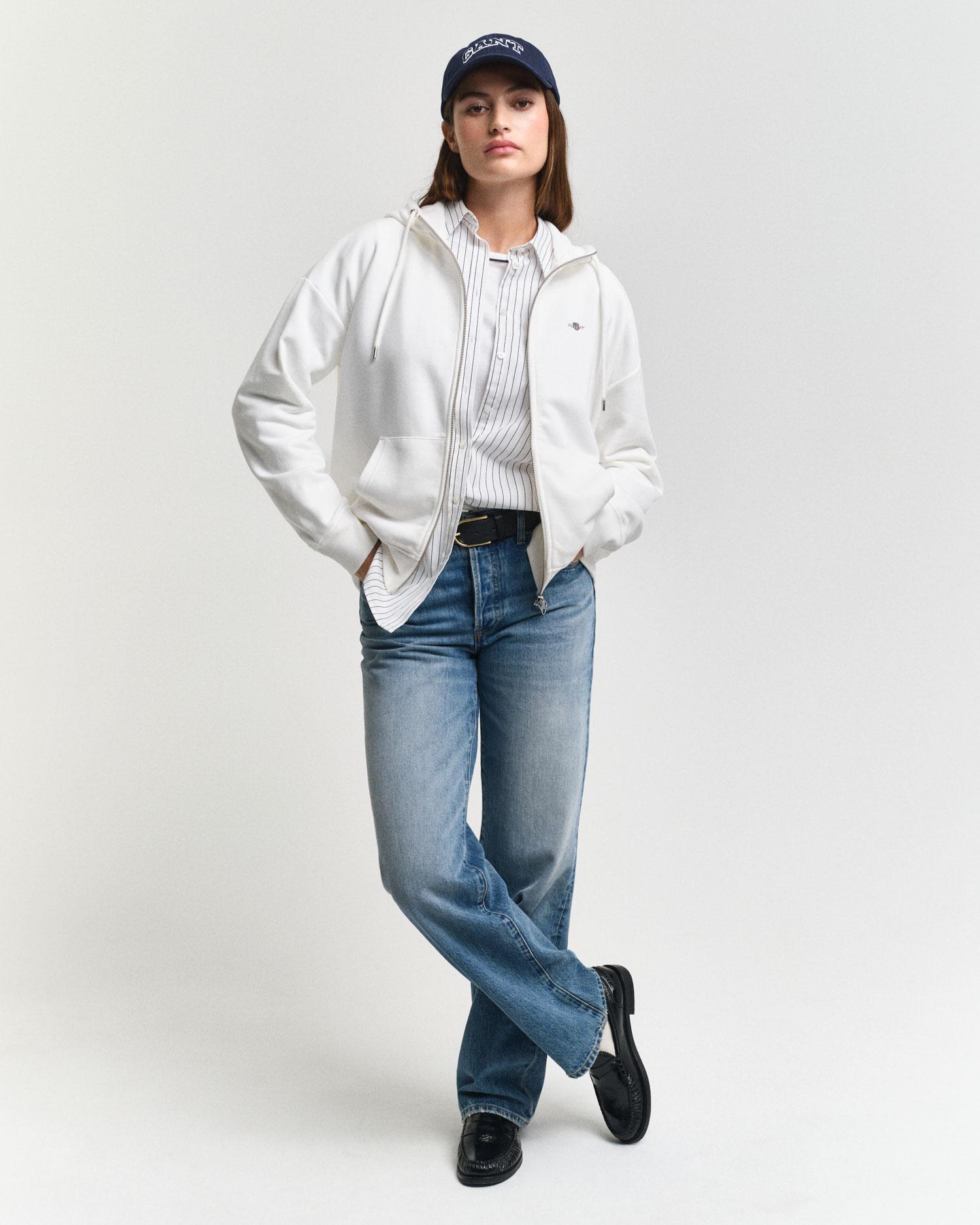 GANT Kadın Beyaz Relaxed Fit Kapüşonlu Sweatshirt