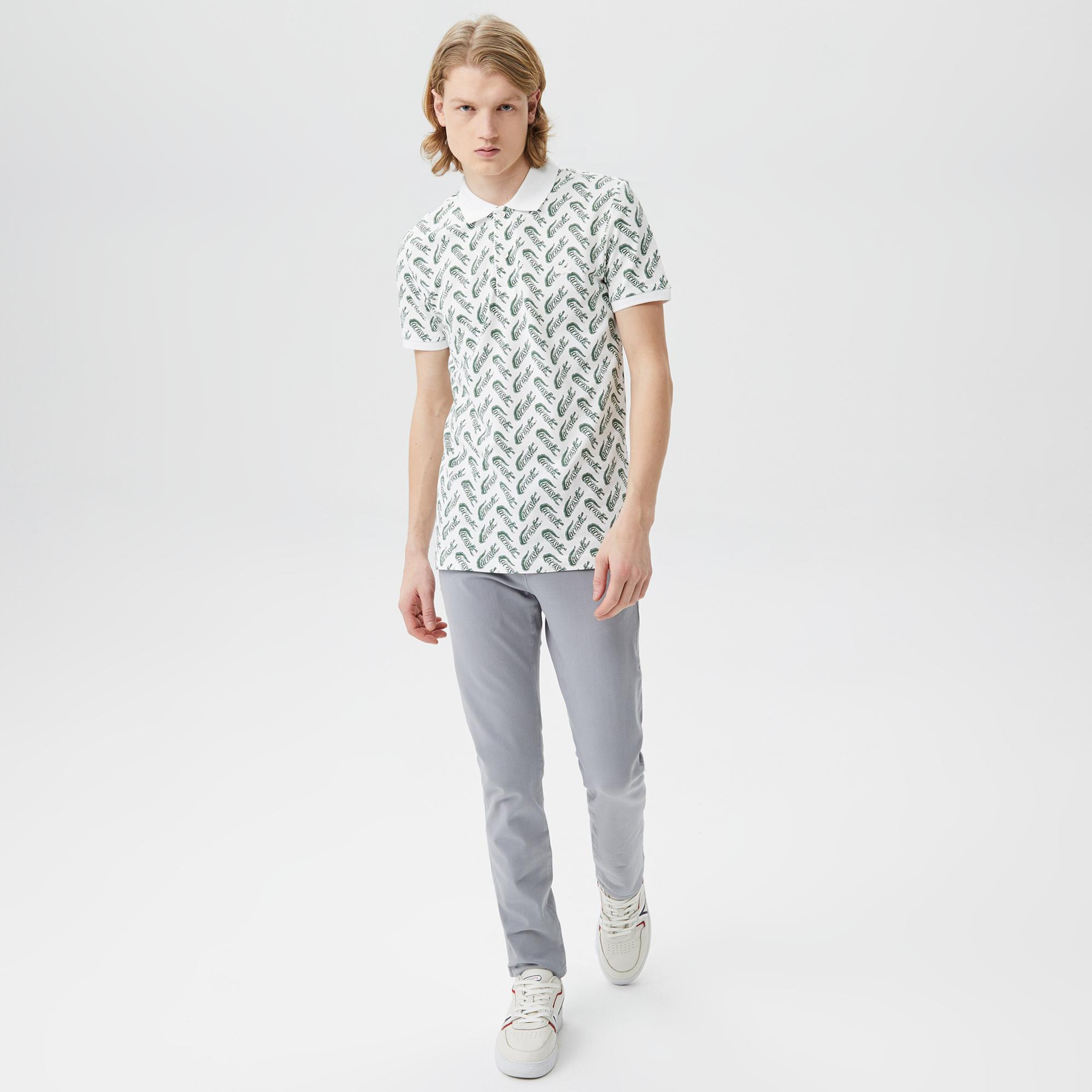 Erkek Slim Fit Desenli Beyaz Polo