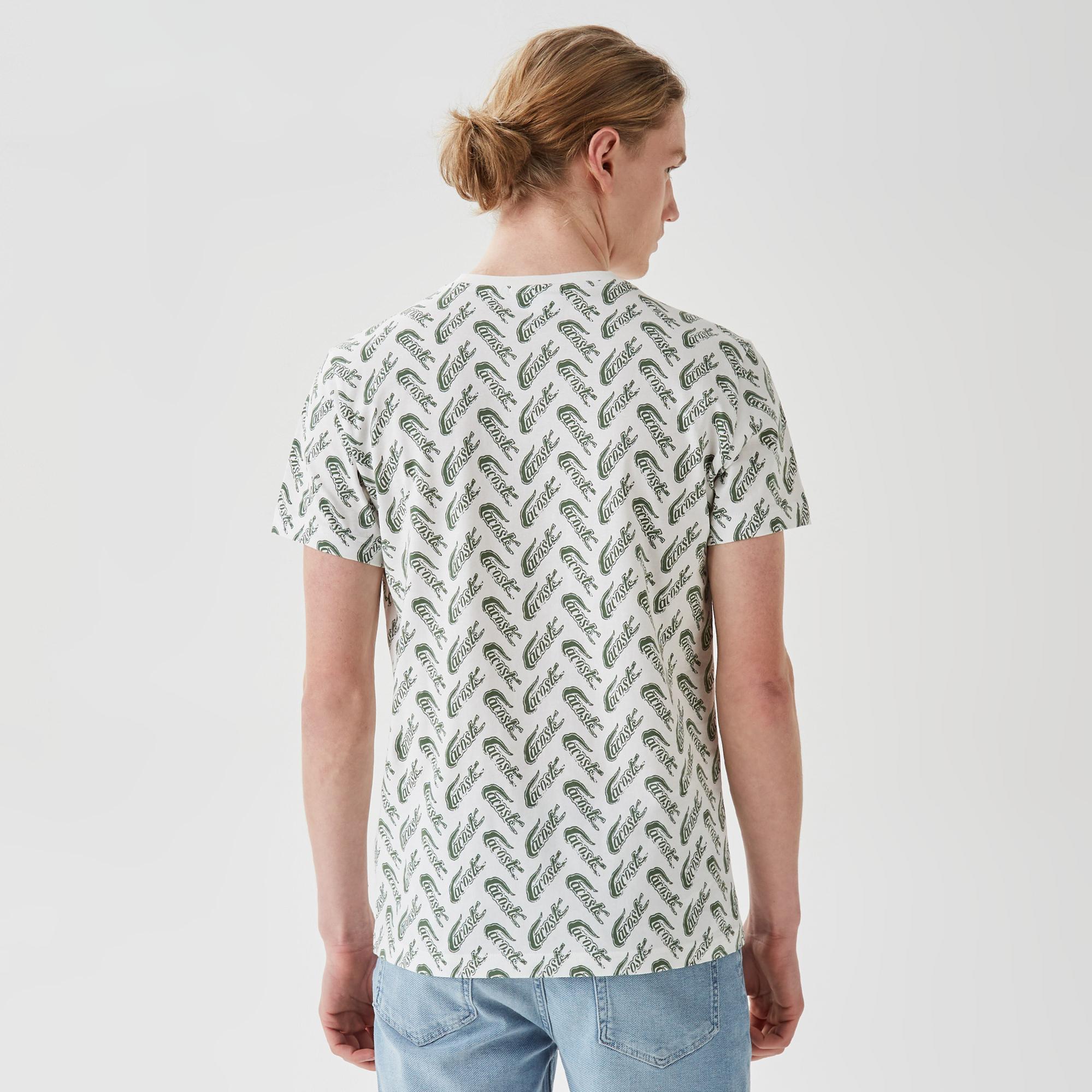 Erkek Slim Fit Bisiklet Yaka Desenli Beyaz T-Shirt