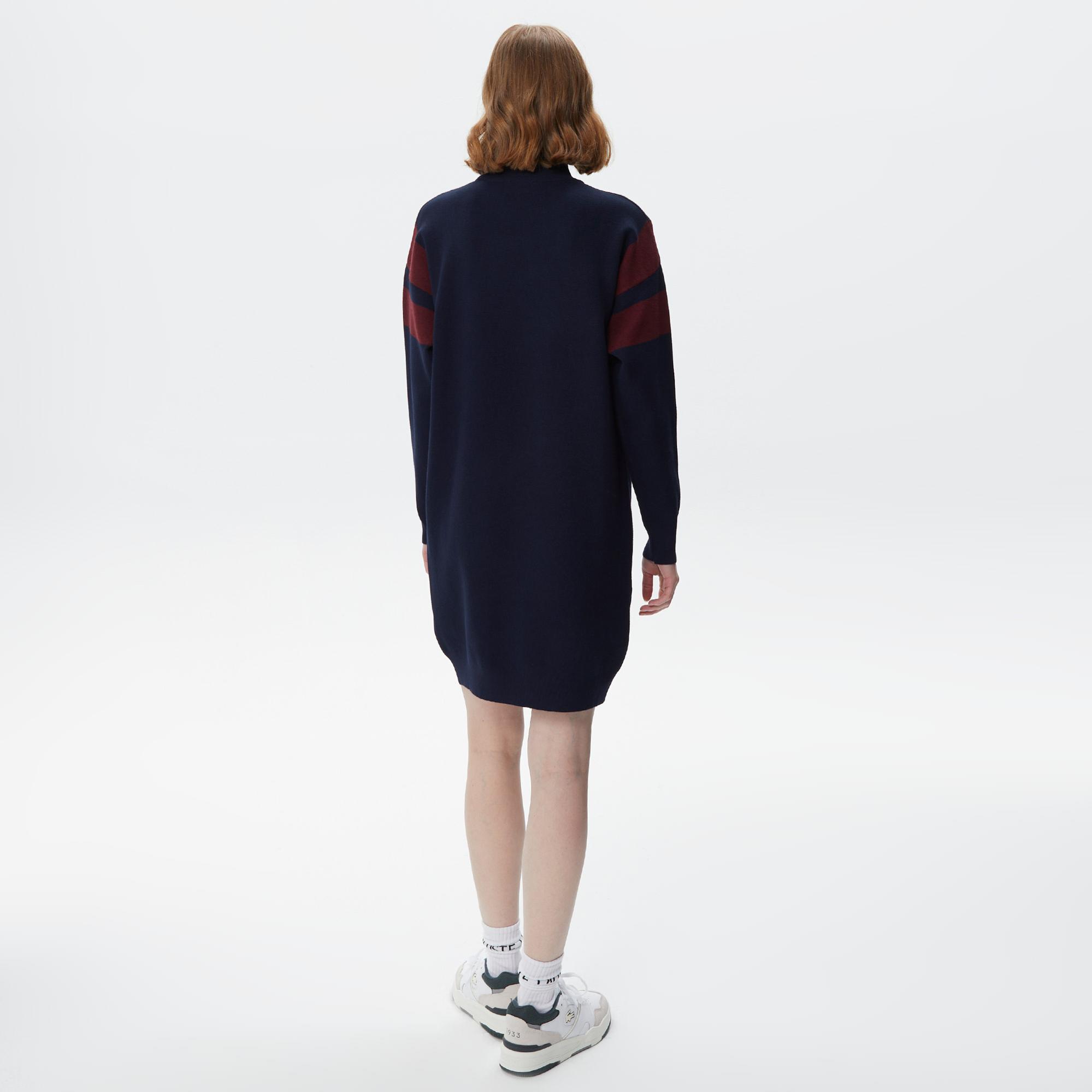 Kadın Loose Fit Uzun Kollu Bisiklet Yaka Lacivert Elbise