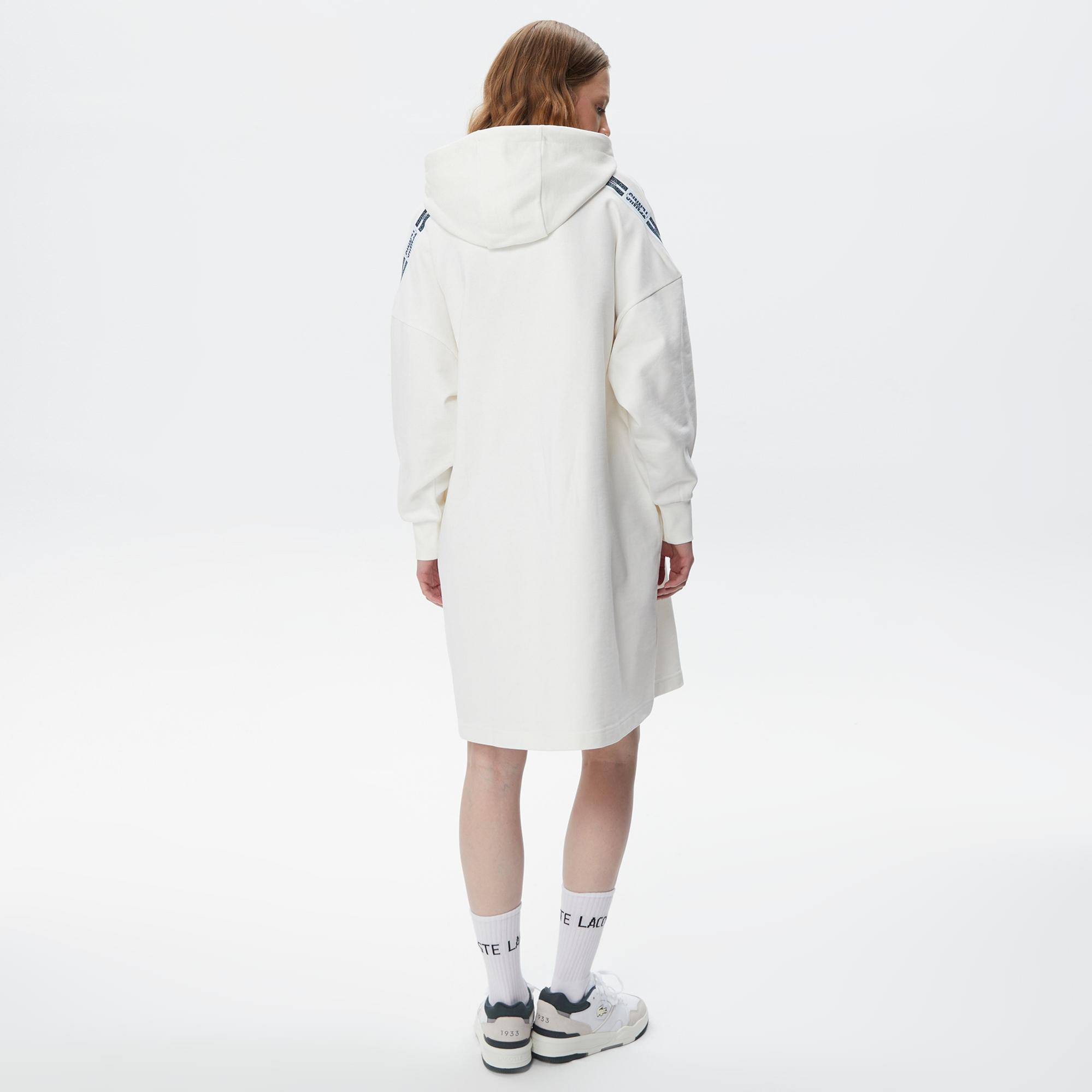 Kadın Loose Fit Truvakar Kollu Kapüşonlu Baskılı Beyaz Elbise