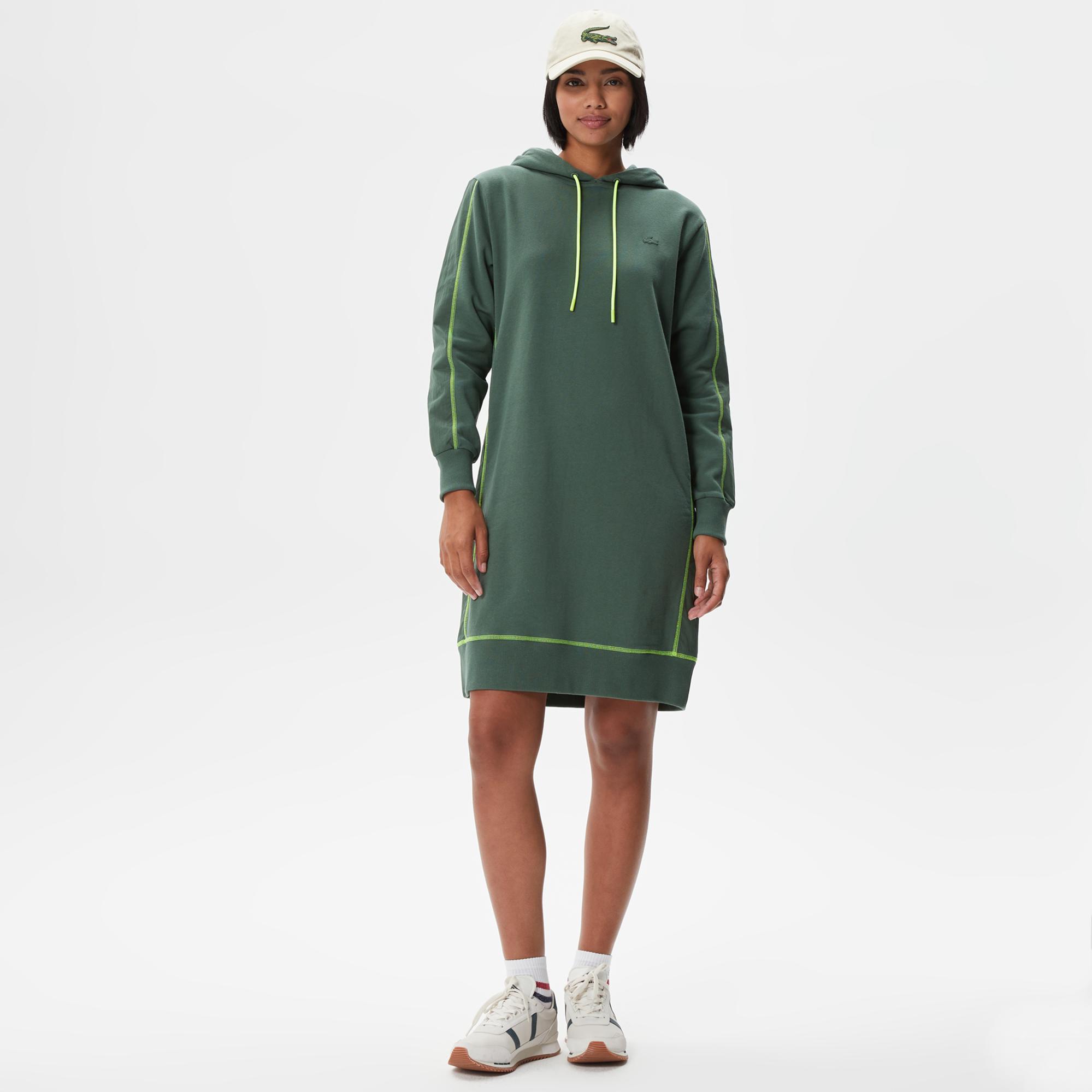 Kadın Loose Fit Uzun Kollu Kapüşonlu Desenli Haki Elbise