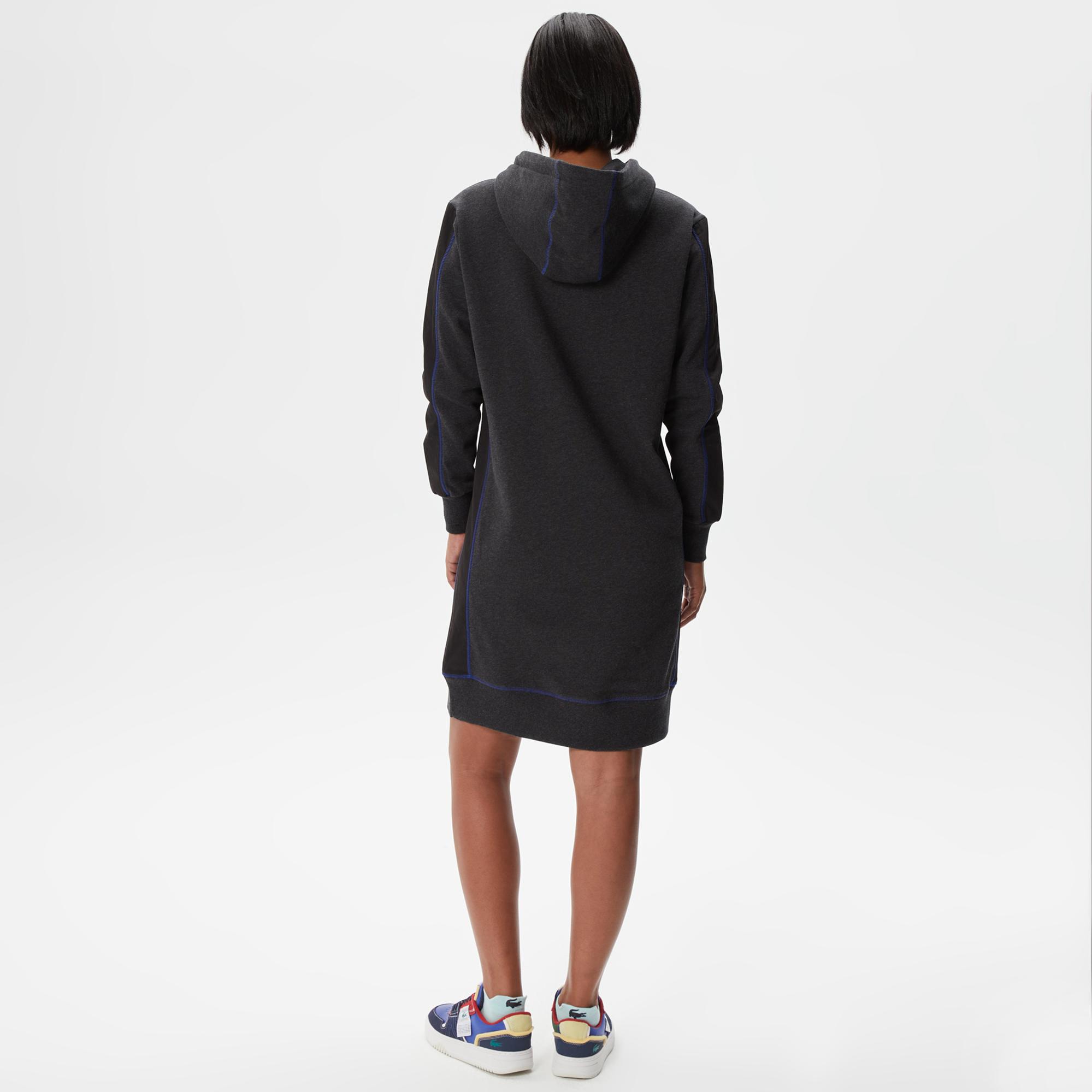 Kadın Loose Fit Uzun Kollu Kapüşonlu Desenli Siyah Elbise