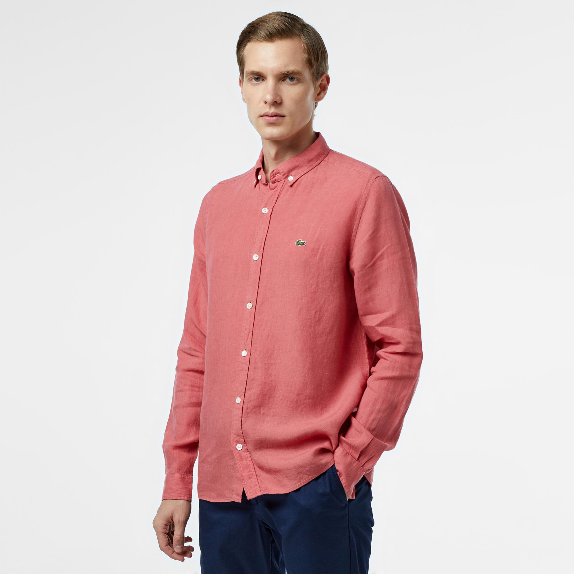 Lacoste Erkek Regular Fit Düğmeli Yaka Keten Pembe Gömlek